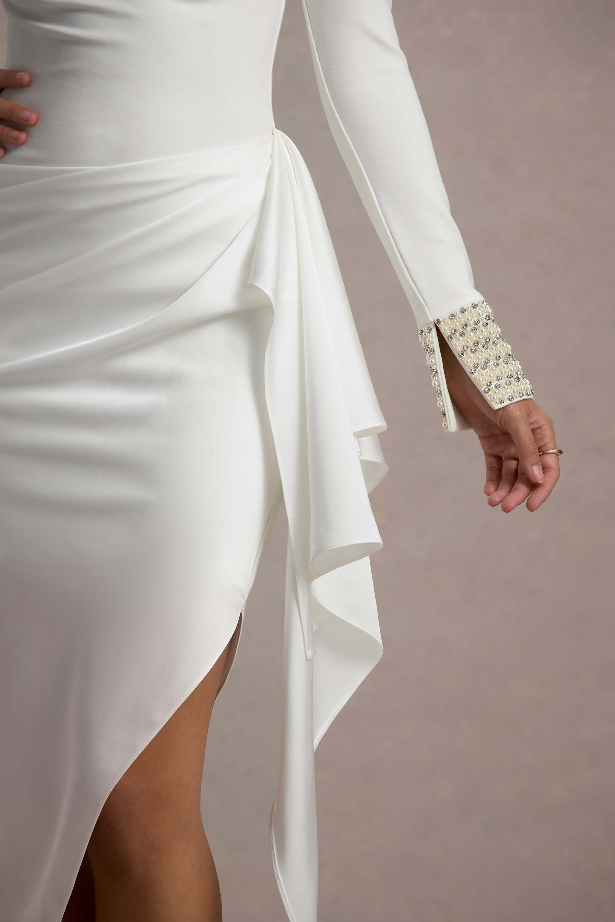 Ecru Satin Long-Sleeve Midi Dress With Draped Skirt