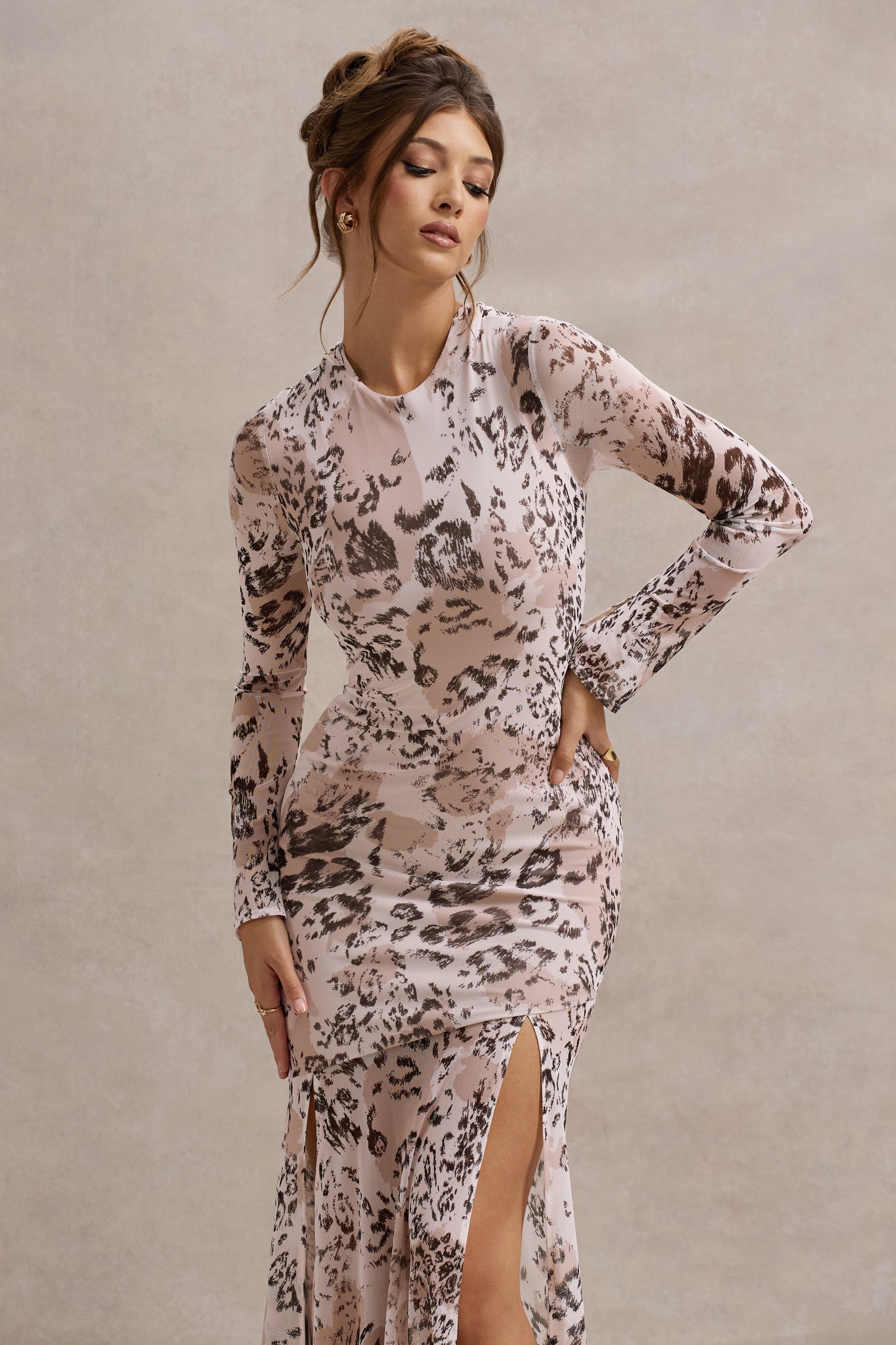 Leopard Print Mesh Long-Sleeve Open-Back Maxi Dress