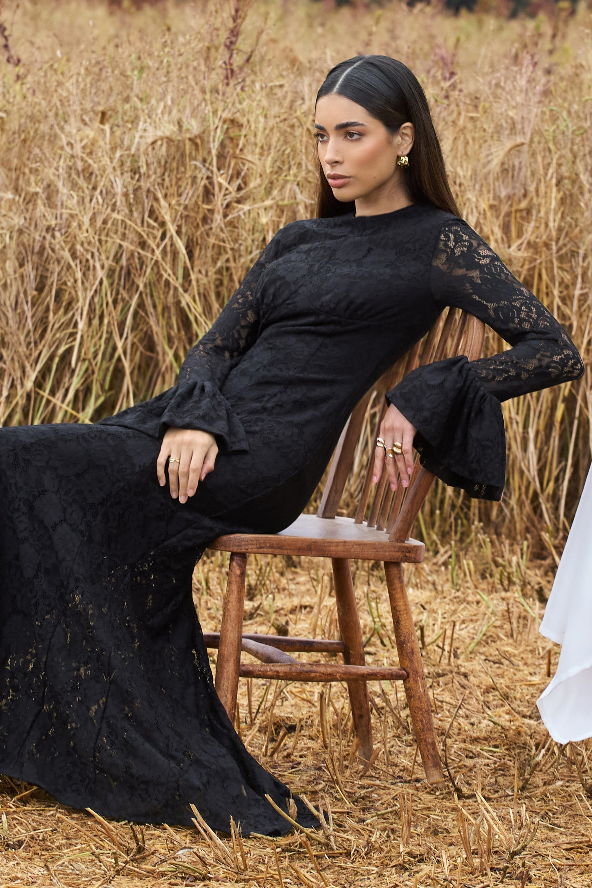 Black Lace Long-Sleeve Midi Dress