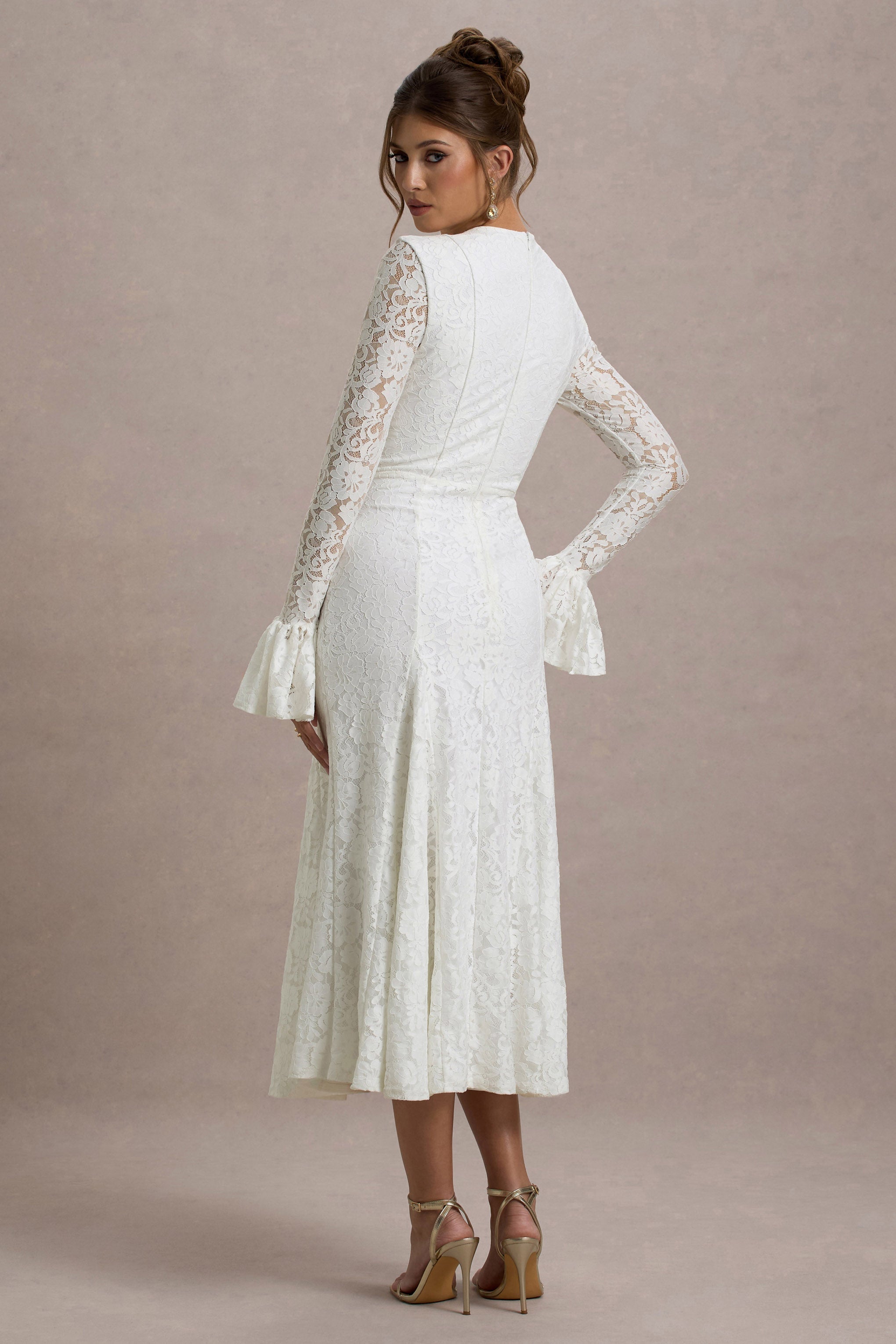 Cream Lace Long-Sleeve Midi Dress
