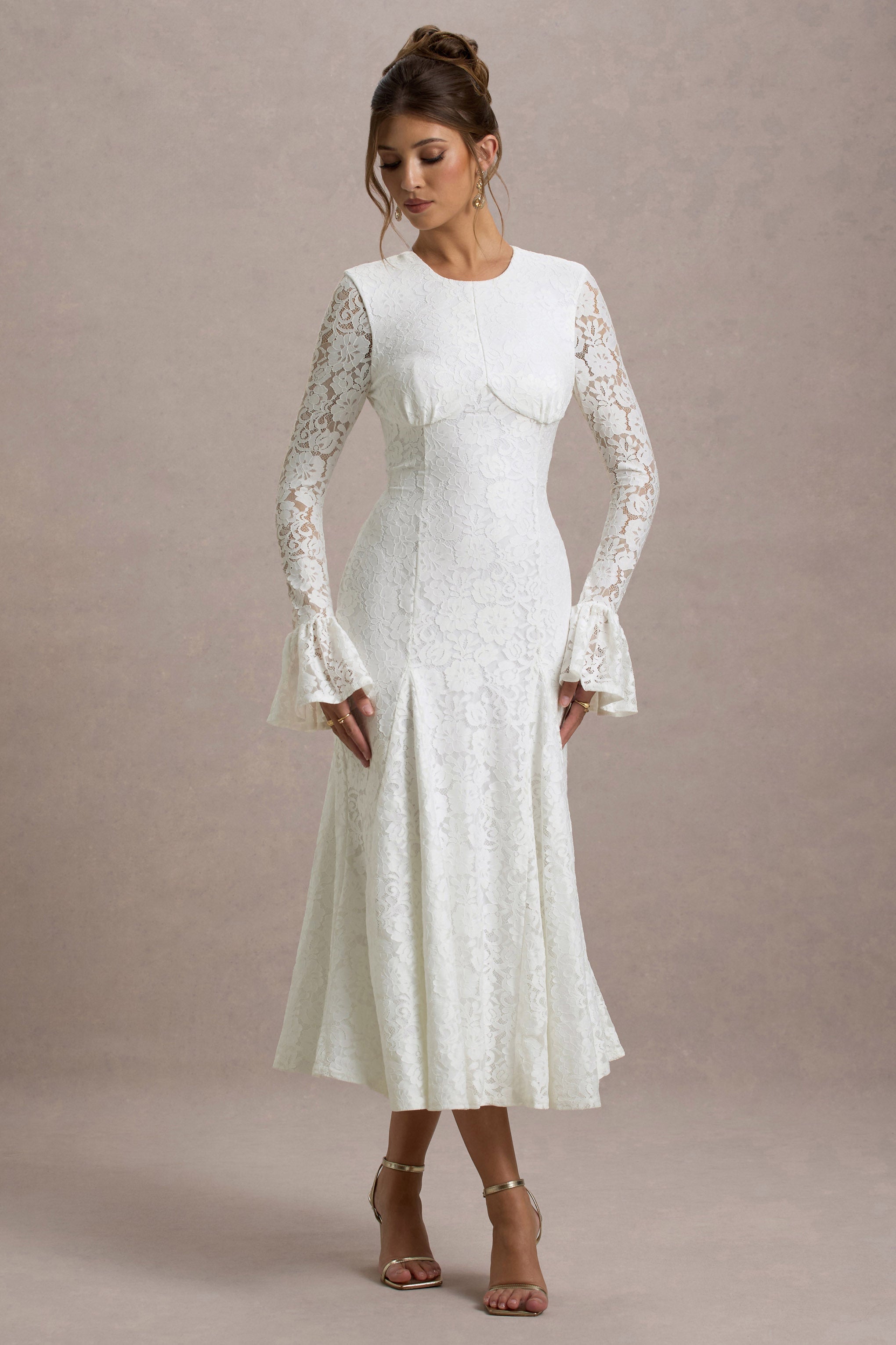 Cream Lace Long-Sleeve Midi Dress