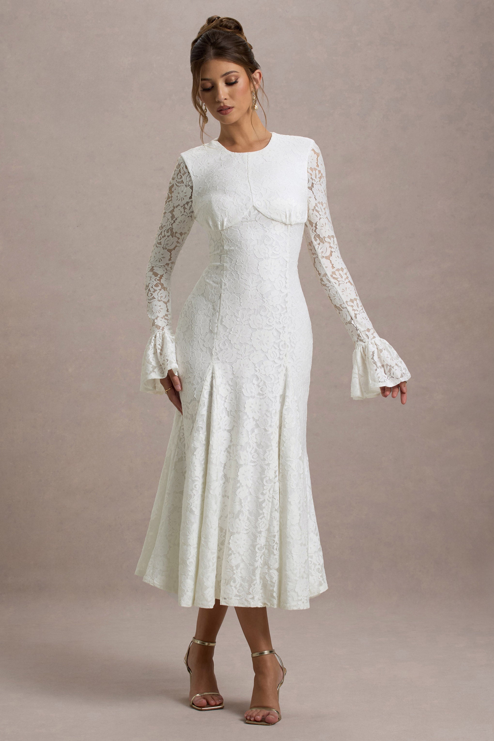 Cream Lace Long-Sleeve Midi Dress
