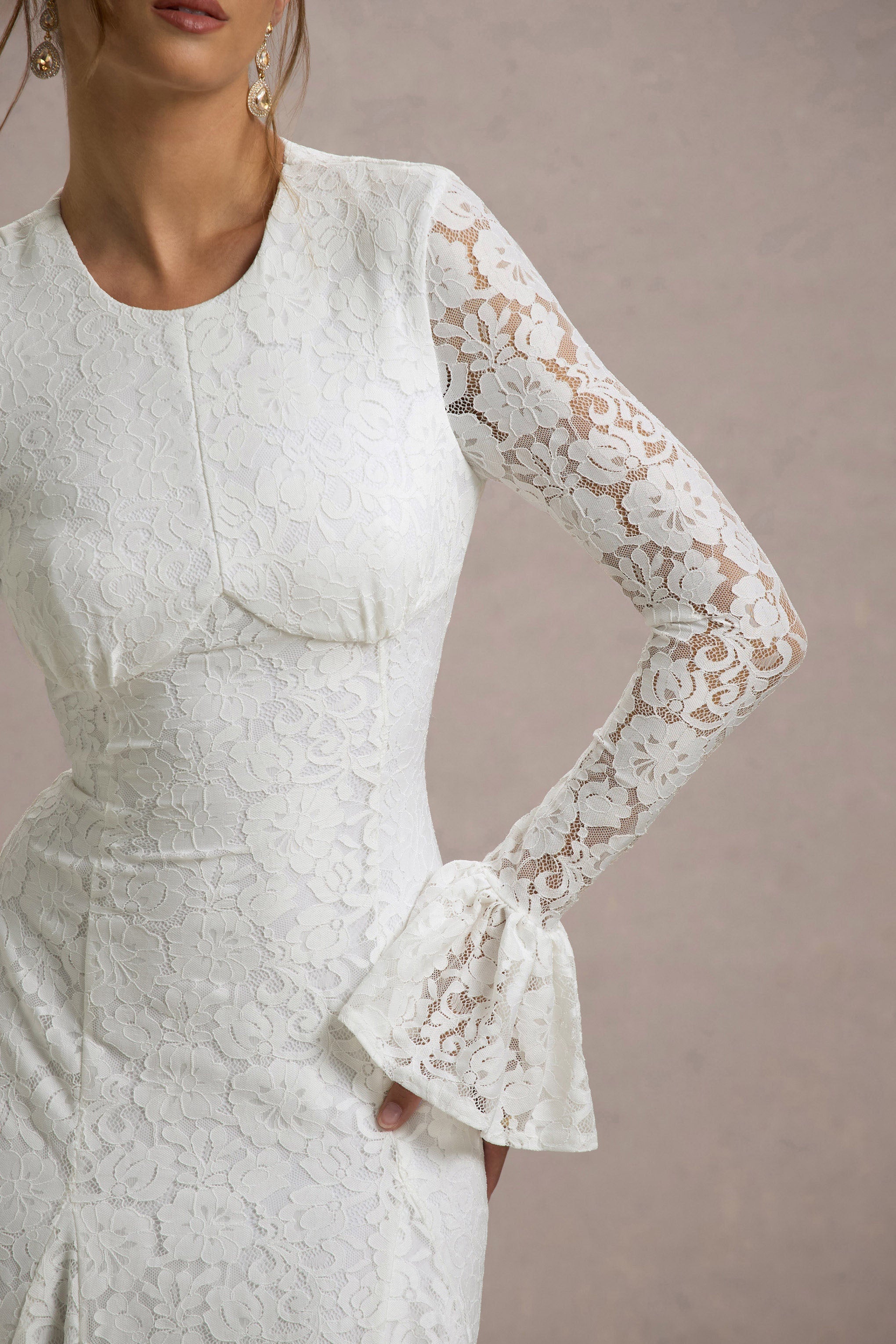 Cream Lace Long-Sleeve Midi Dress