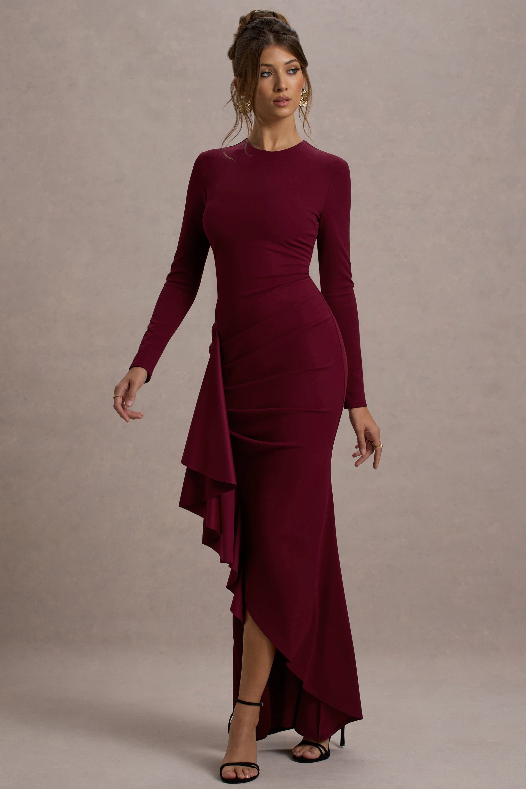 Berry Long-Sleeve Maxi Dress With Ruffled Split