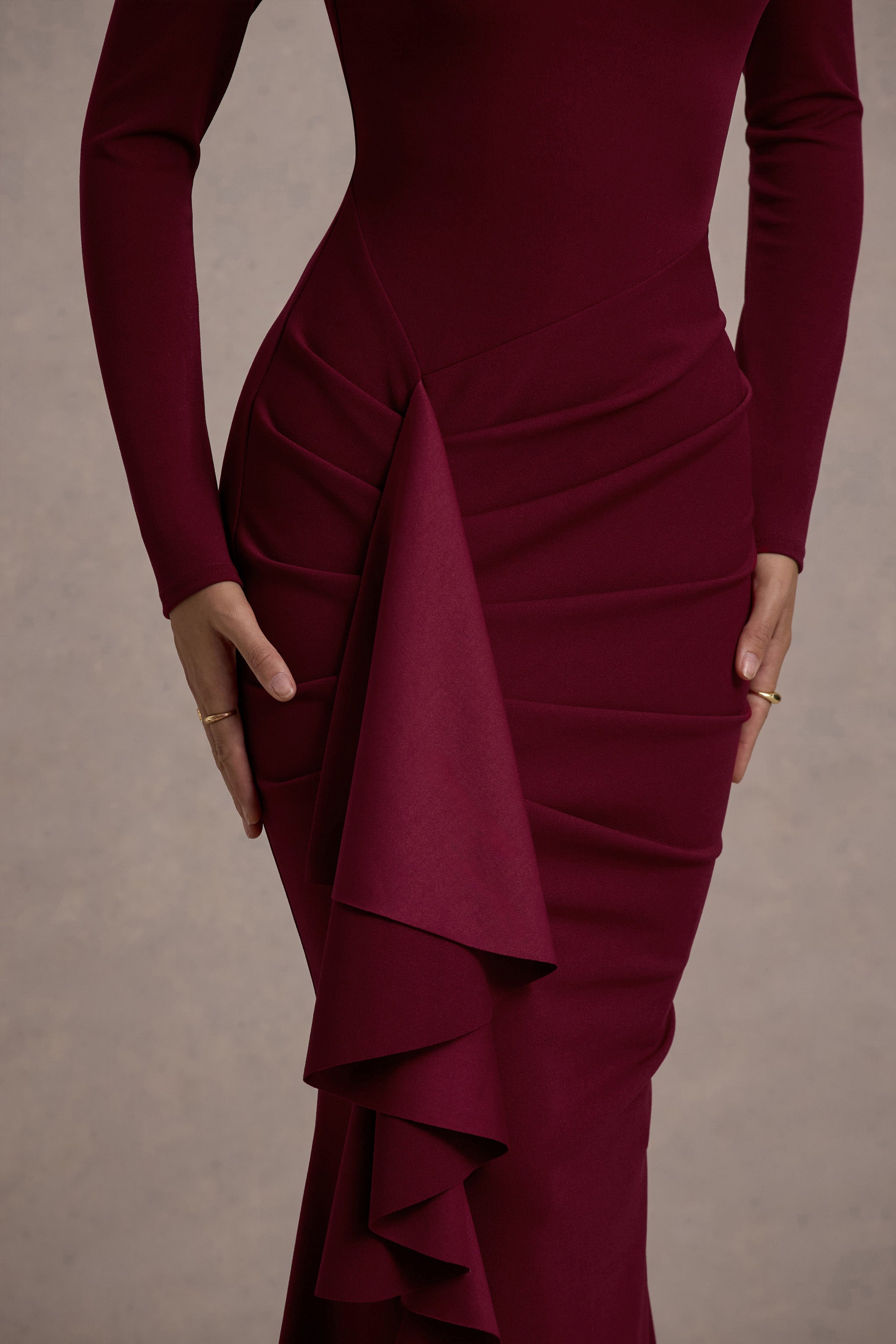 Berry Long-Sleeve Maxi Dress With Ruffled Split