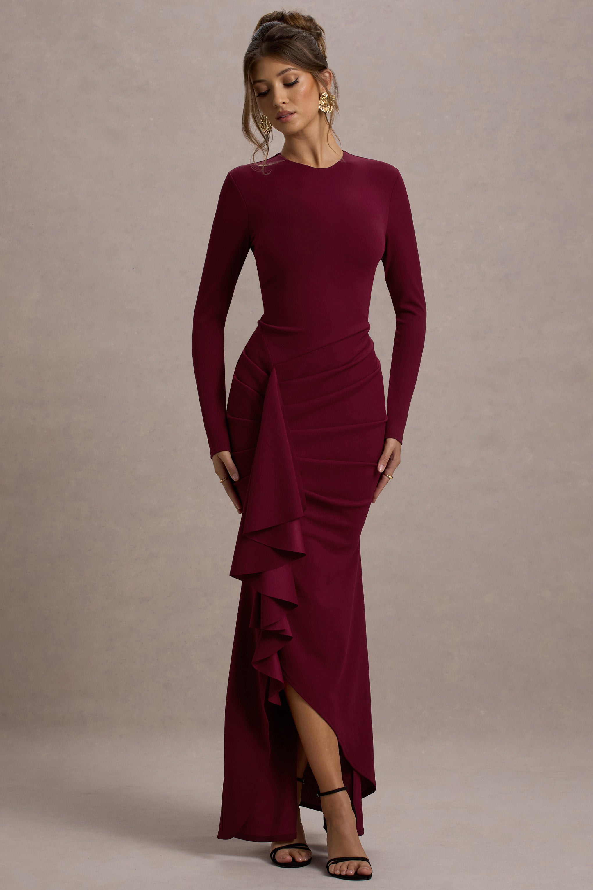 Berry Long-Sleeve Maxi Dress With Ruffled Split