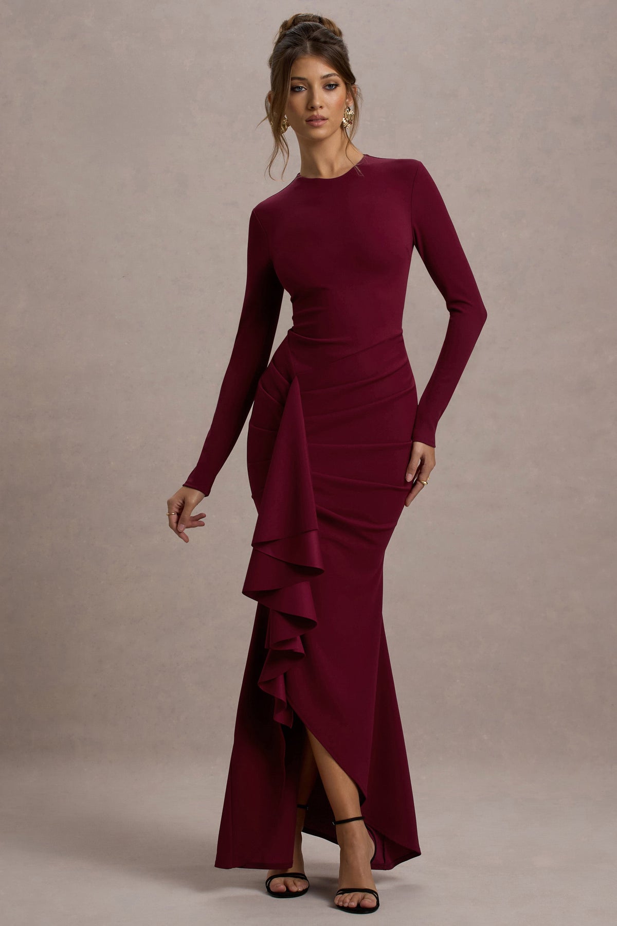 Berry Long-Sleeve Maxi Dress With Ruffled Split