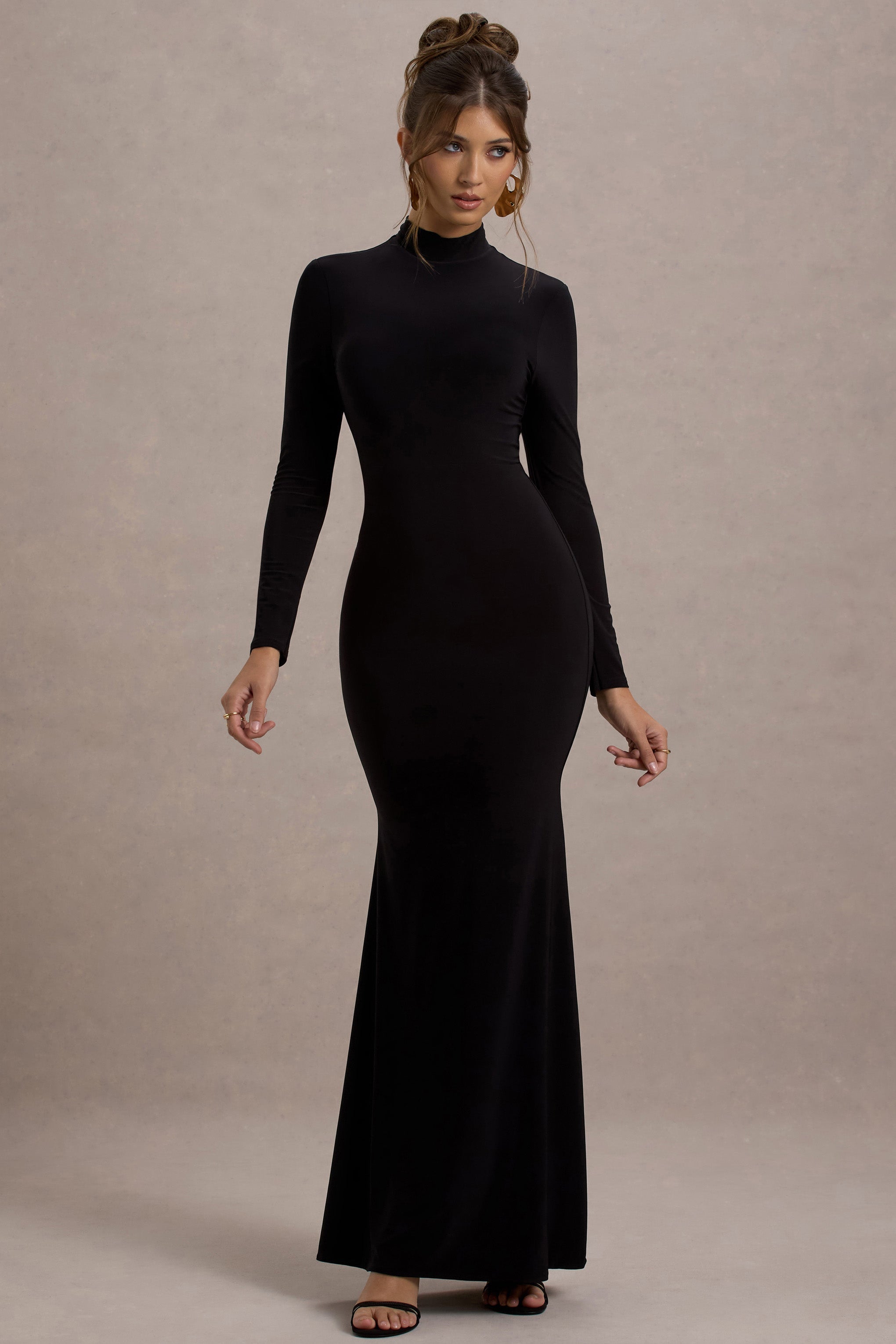 Black High-Neck Long-Sleeve Maxi Dress