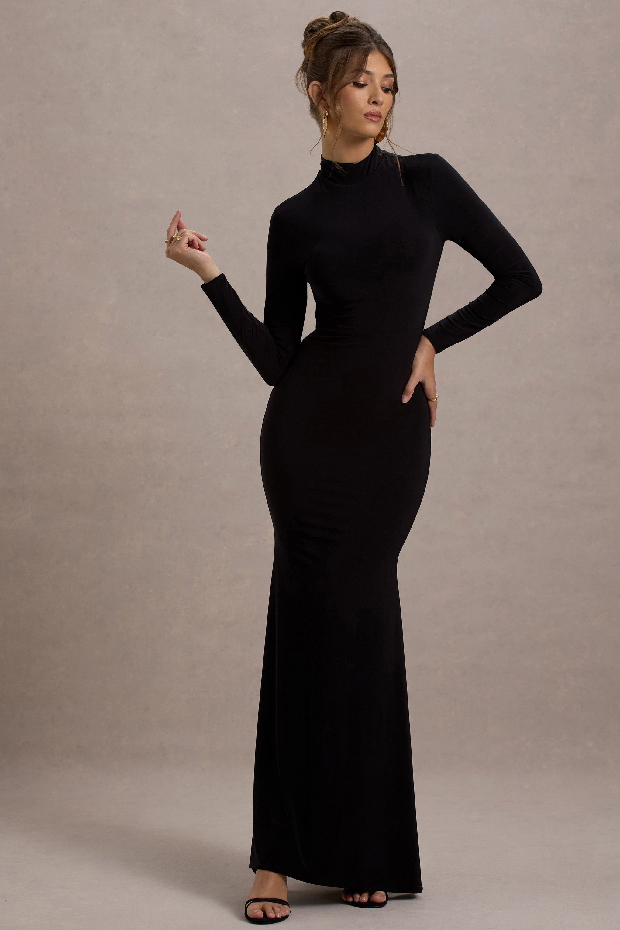 Black High-Neck Long-Sleeve Maxi Dress