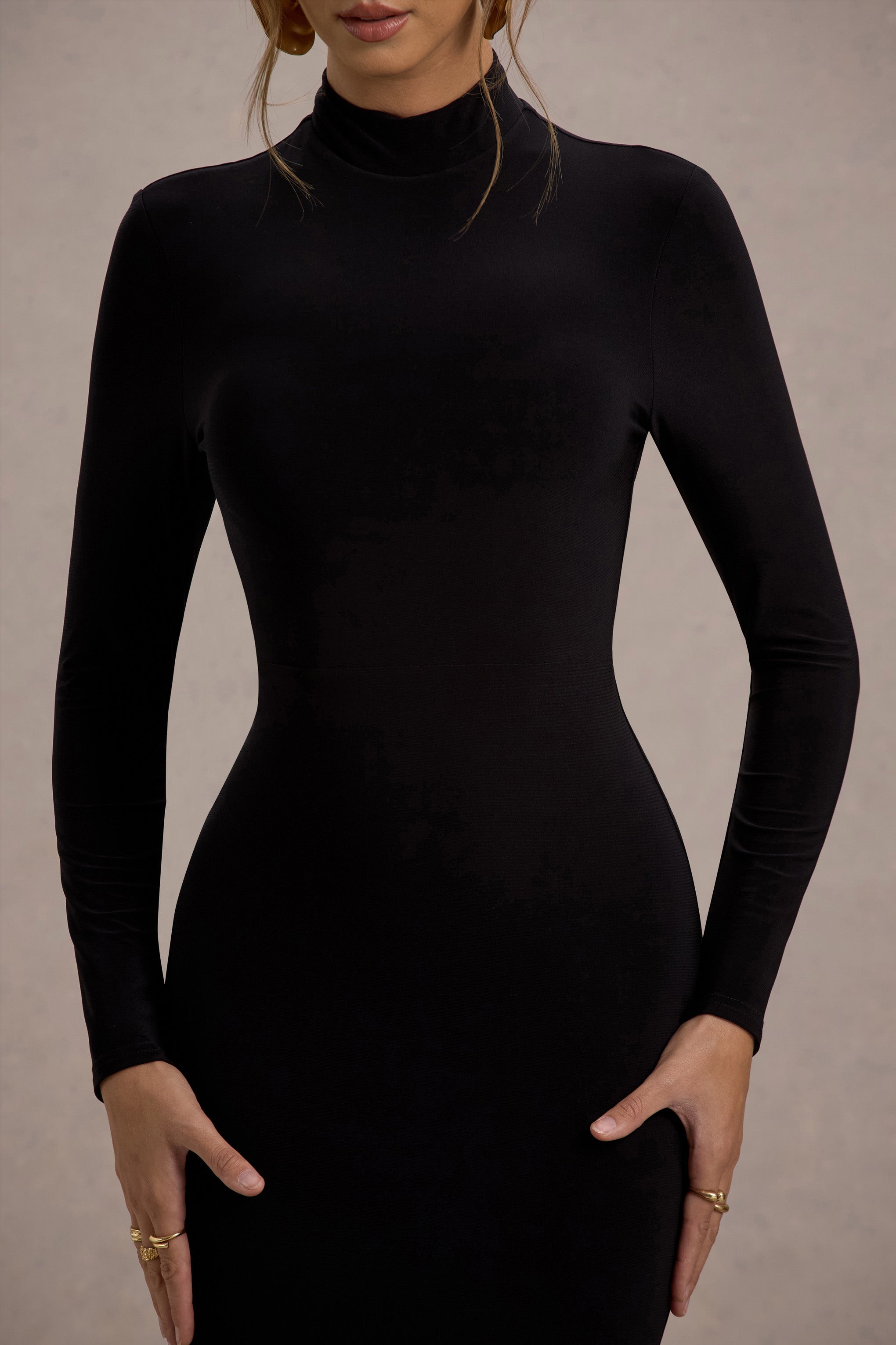 Black High-Neck Long-Sleeve Maxi Dress