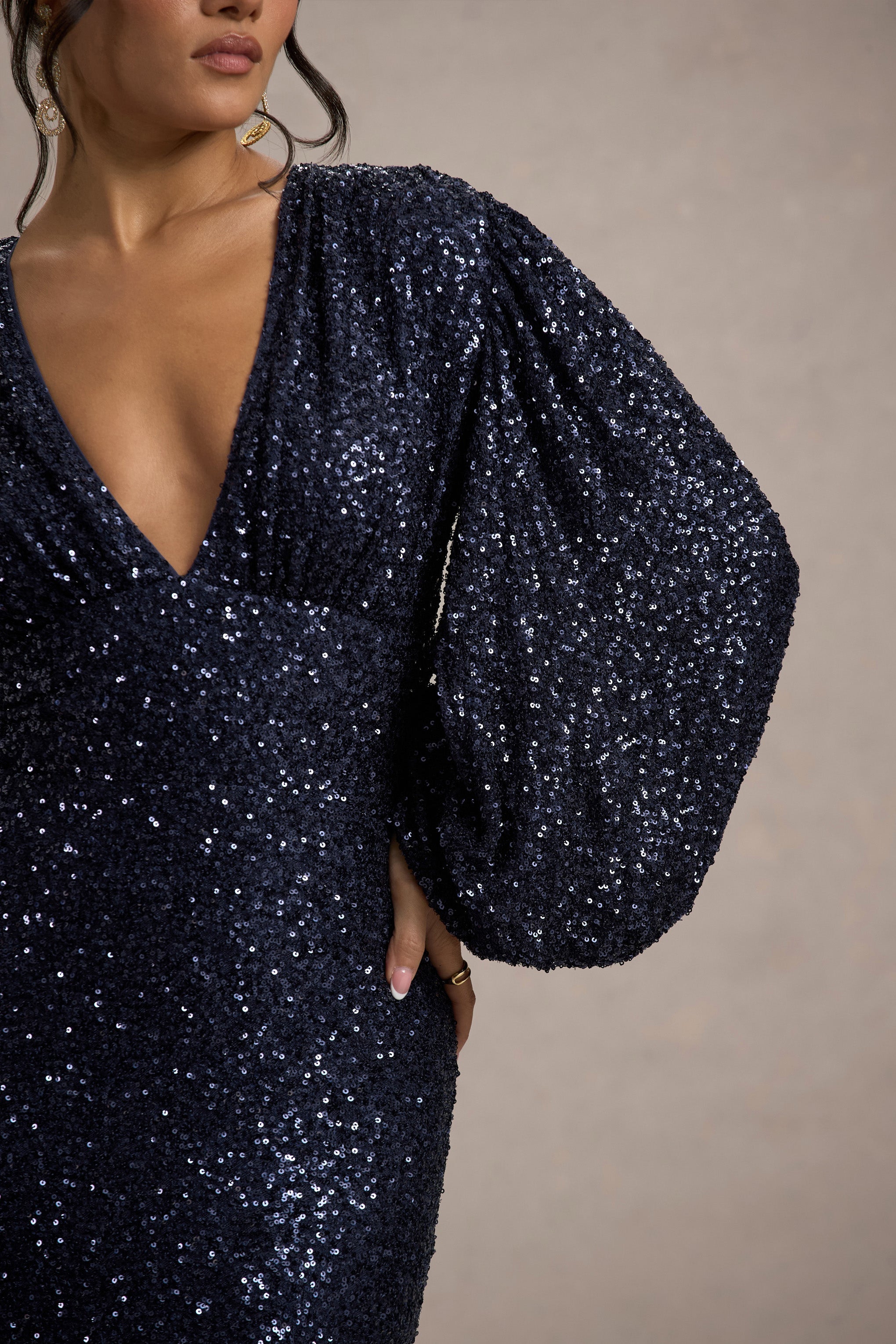 Navy Sequin Plunge-Neck Maxi Dress