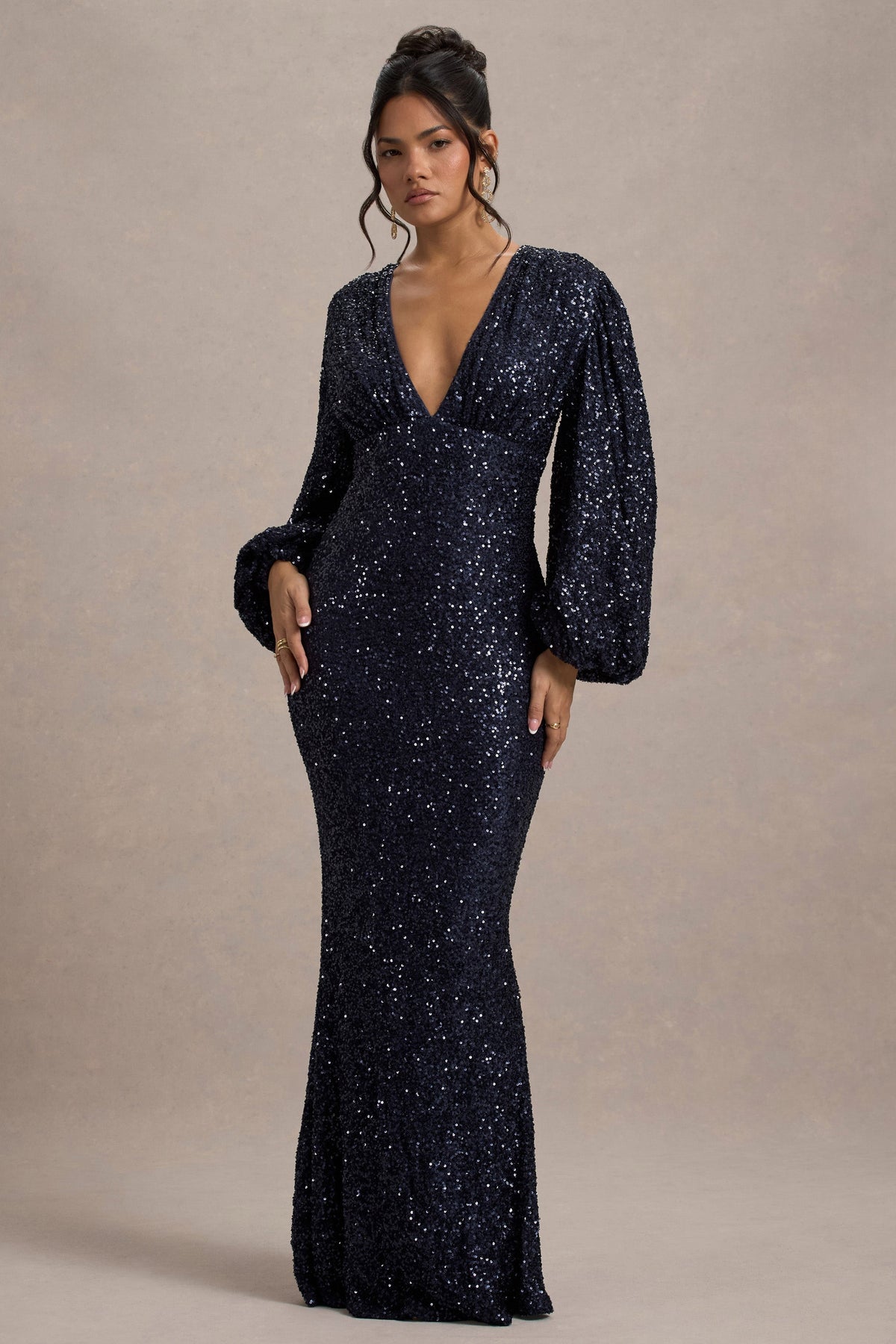 Navy Sequin Plunge-Neck Maxi Dress