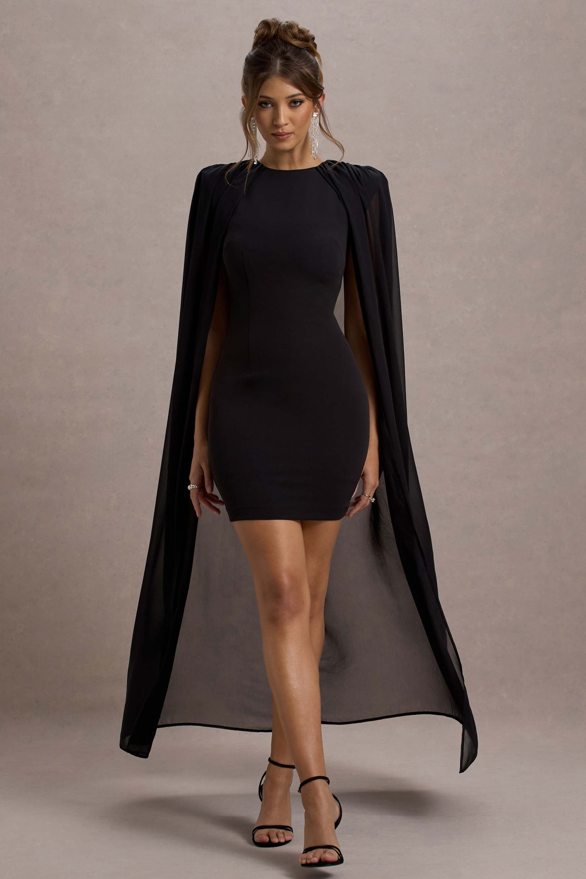 Black Bodycon Mini Dress With Chiffon Cape