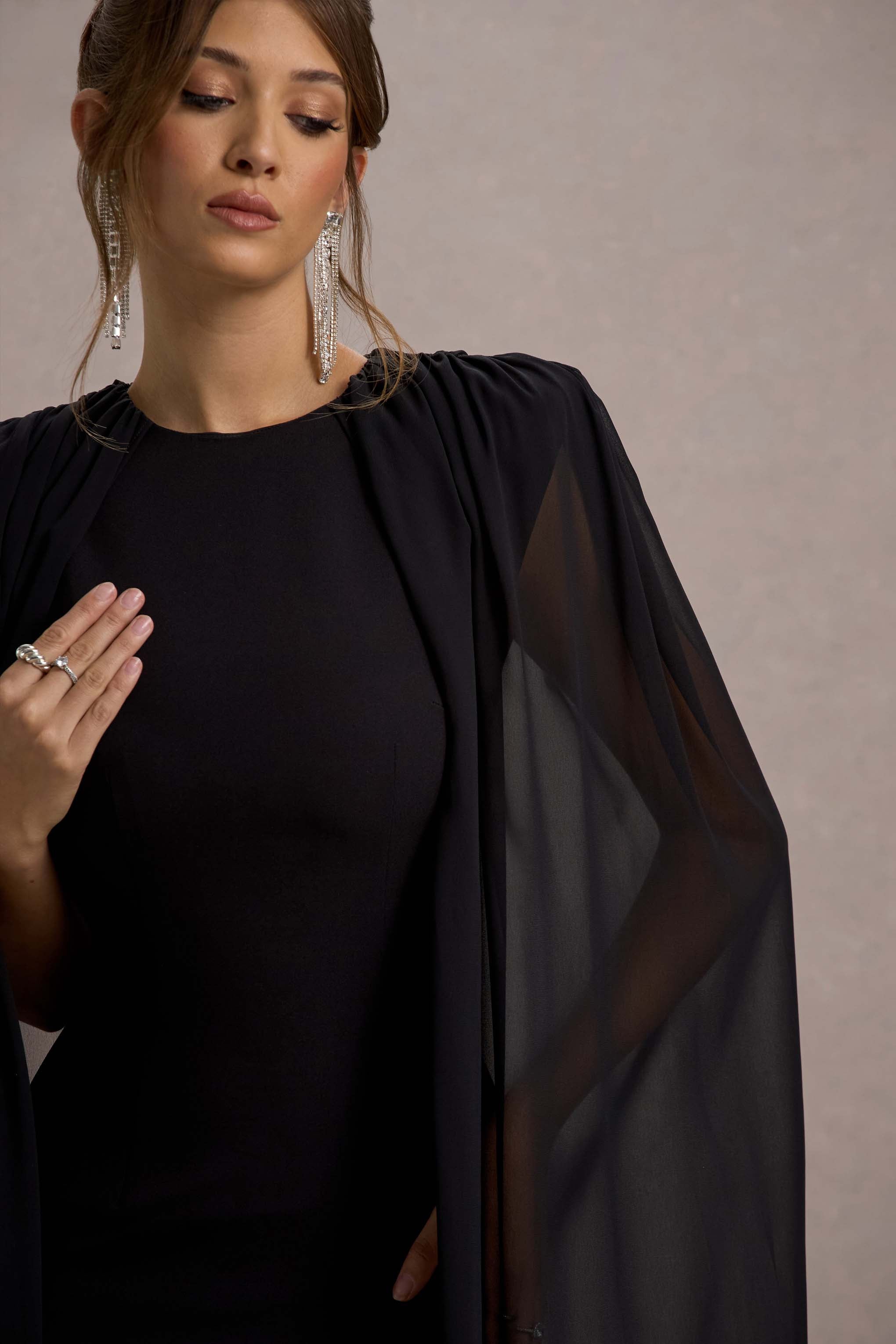 Black Bodycon Mini Dress With Chiffon Cape