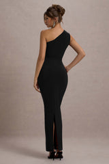 Black One-Shoulder Gathered Maxi Dress
