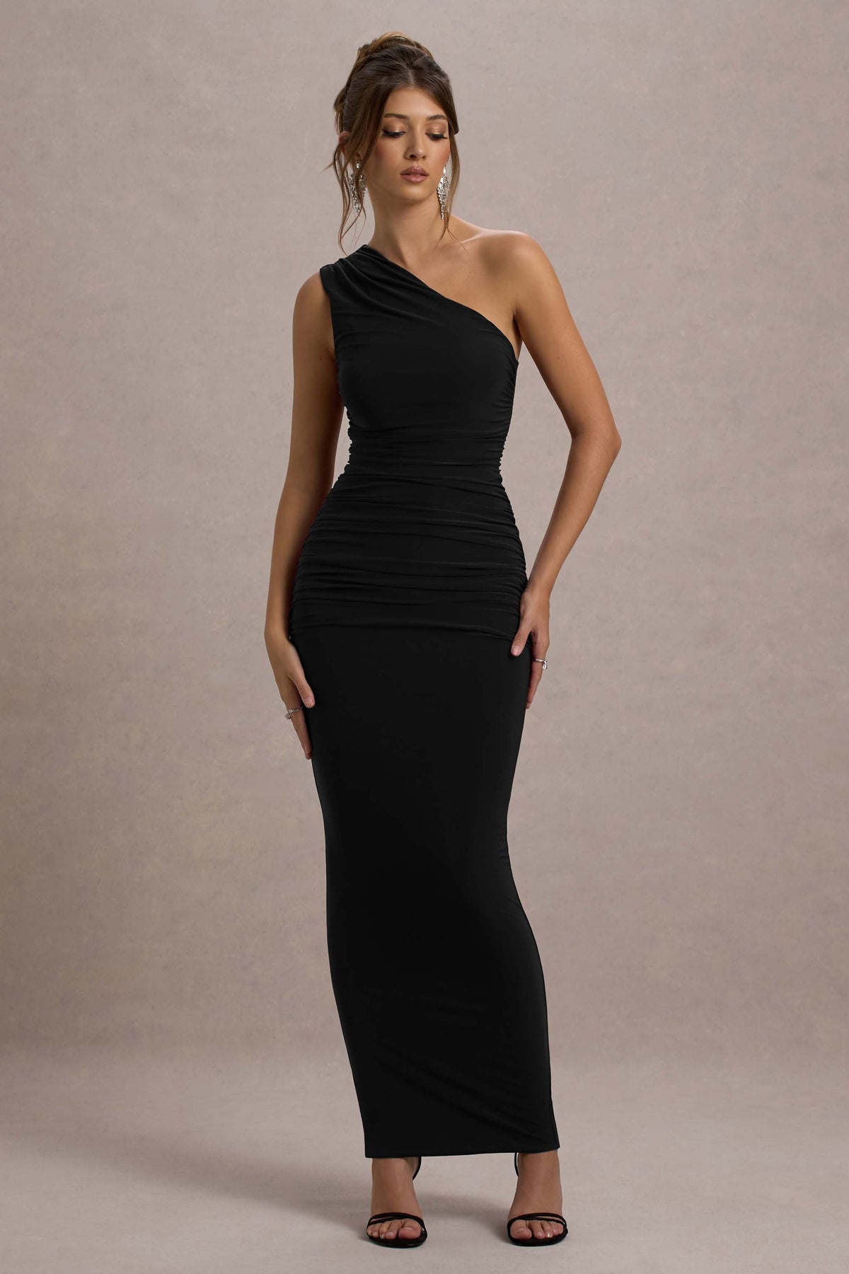 Black One-Shoulder Gathered Maxi Dress