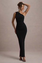 Black One-Shoulder Gathered Maxi Dress