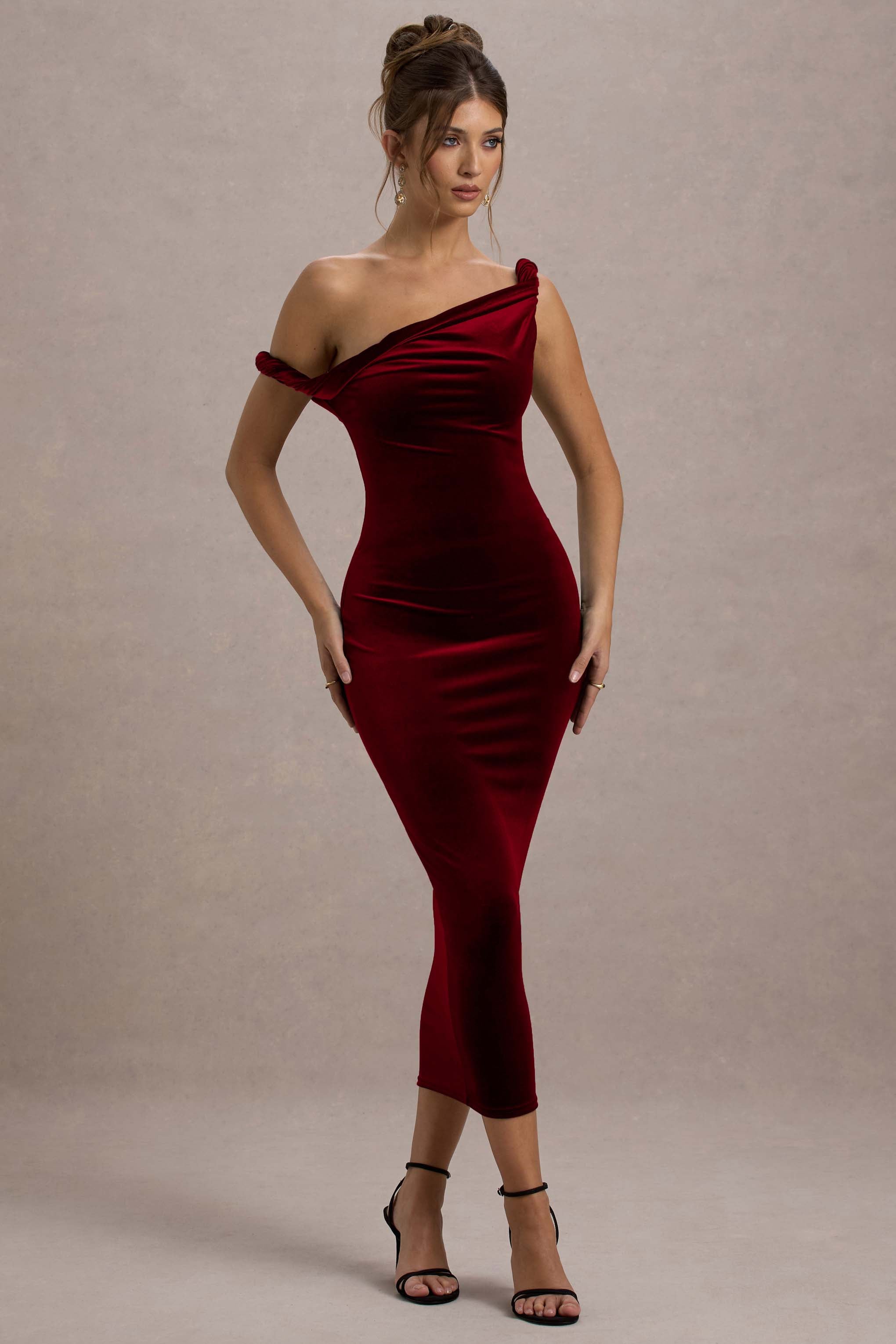 Berry Velvet Twisted Asymmetric Midi Dress