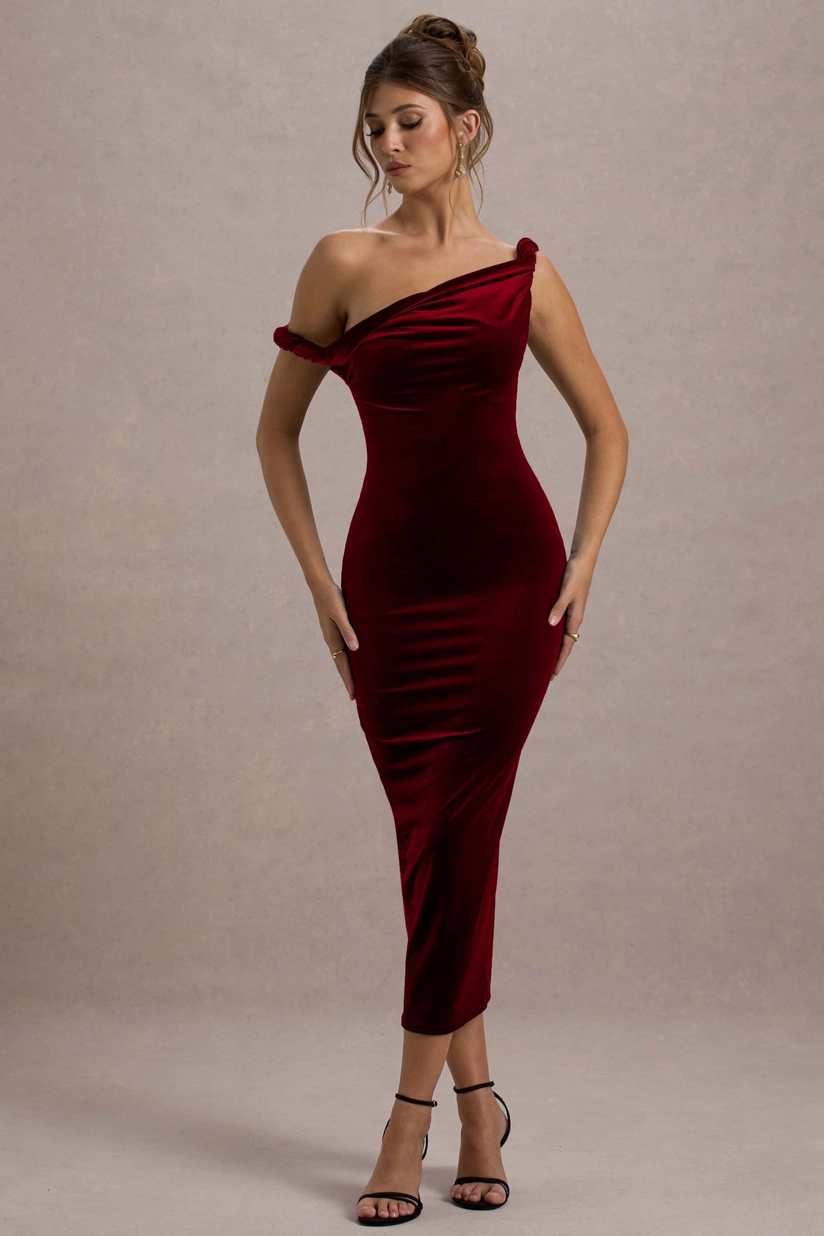 Berry Velvet Twisted Asymmetric Midi Dress