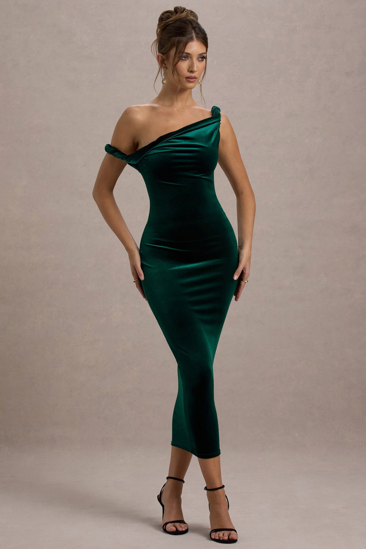 Bottle Green Velvet Twisted Asymmetric Midi Dress