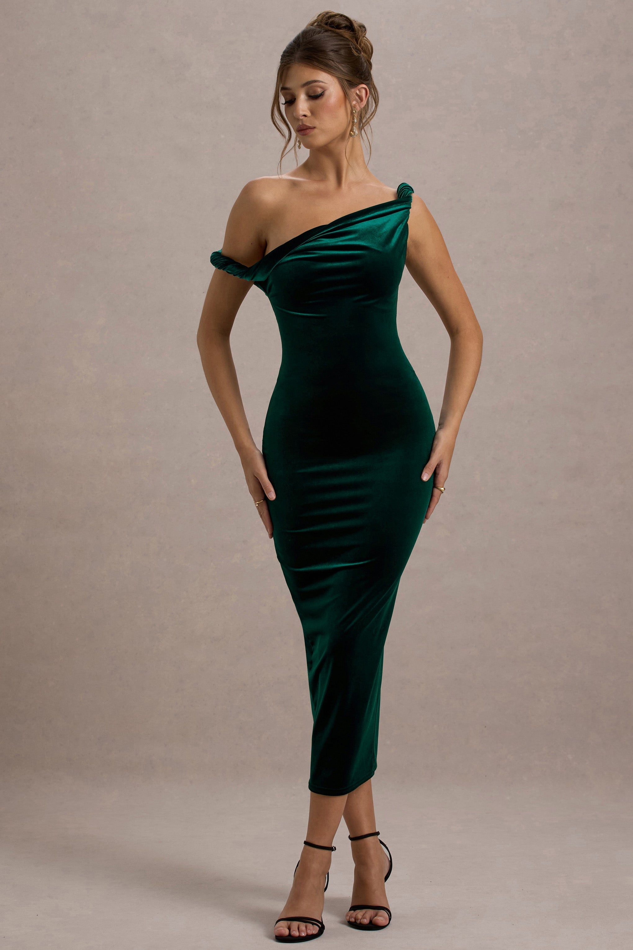 Bottle Green Velvet Twisted Asymmetric Midi Dress