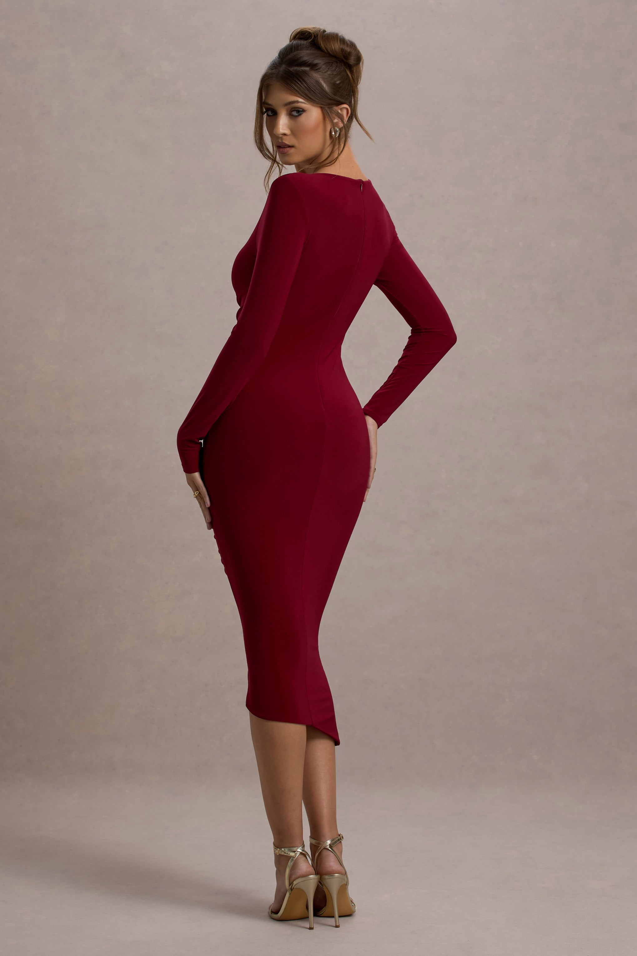 Berry Ruched Asymmetric Midi Dress