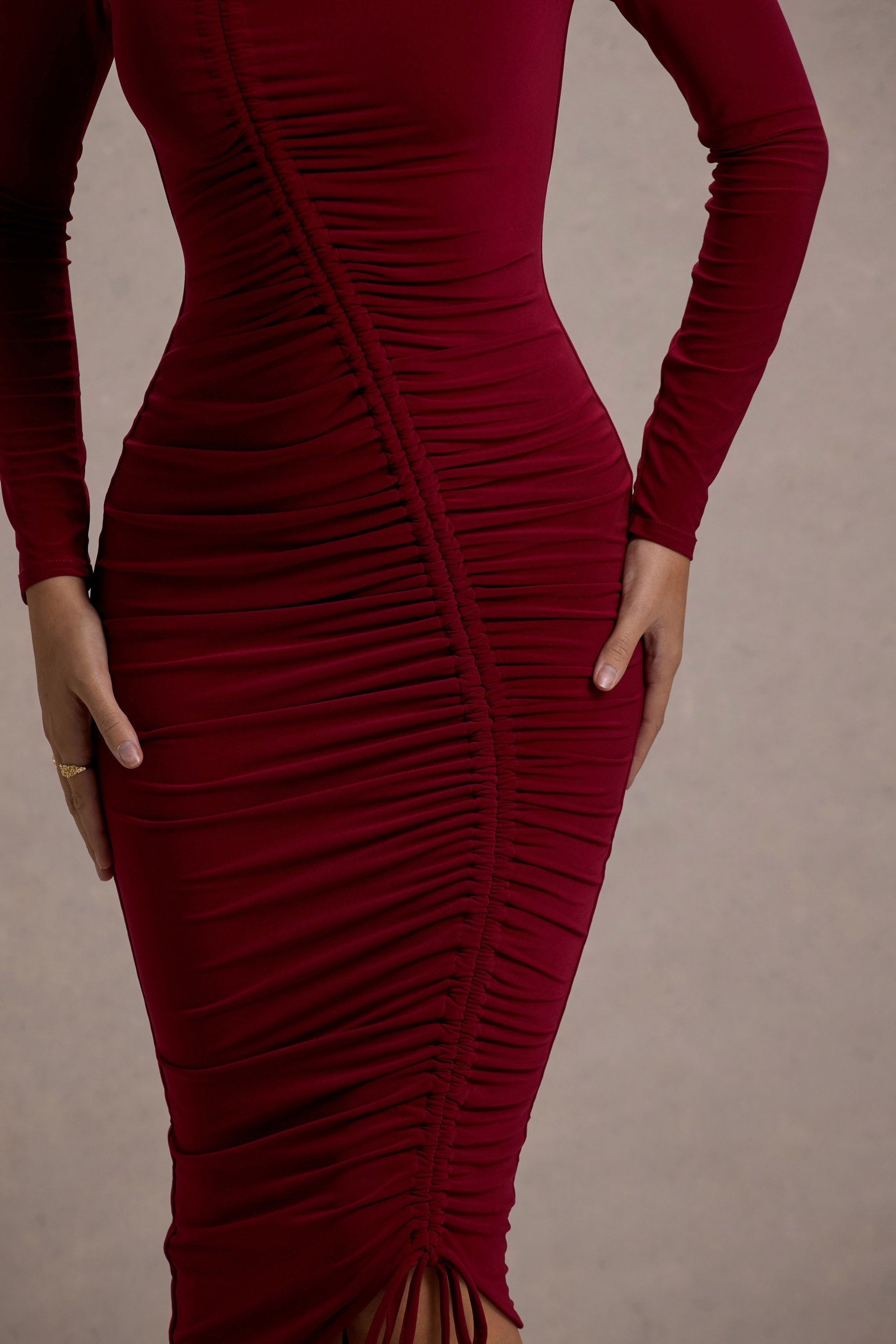 Berry Ruched Asymmetric Midi Dress