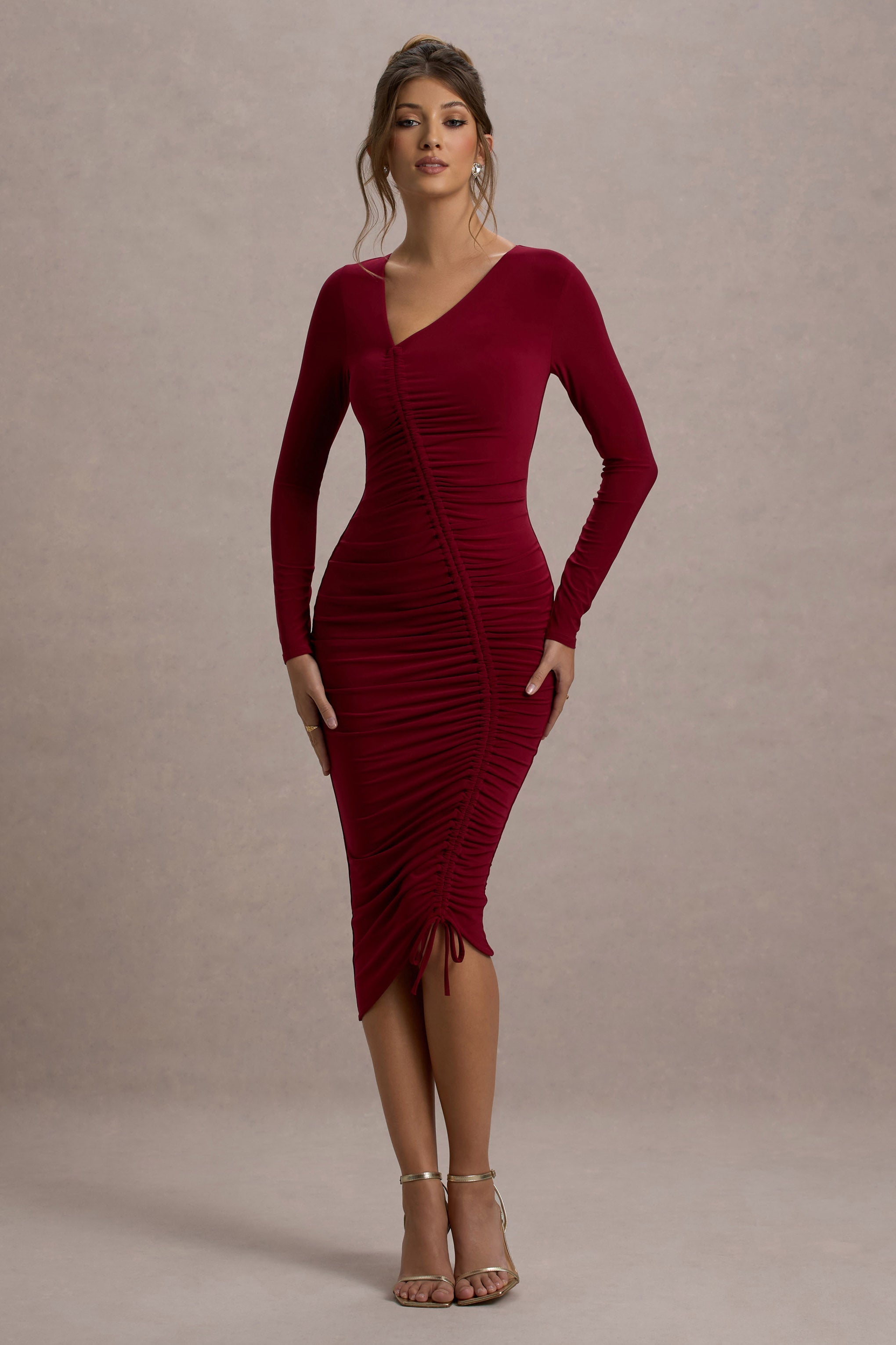 Berry Ruched Asymmetric Midi Dress