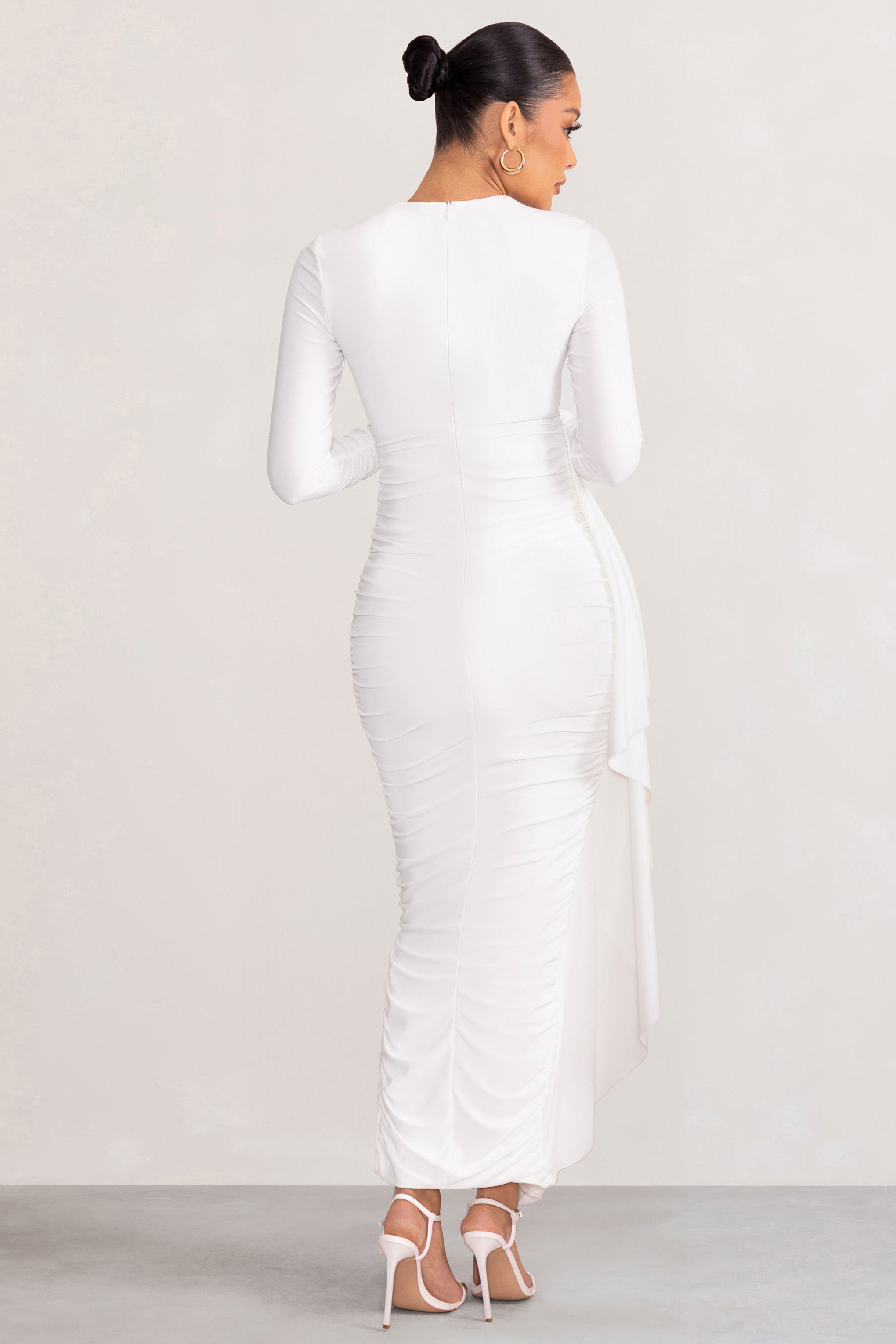 White Long Sleeve Ruched Maternity Midi Dress with Frill Detail