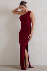 Berry One Shoulder Thigh Split Maxi Dress