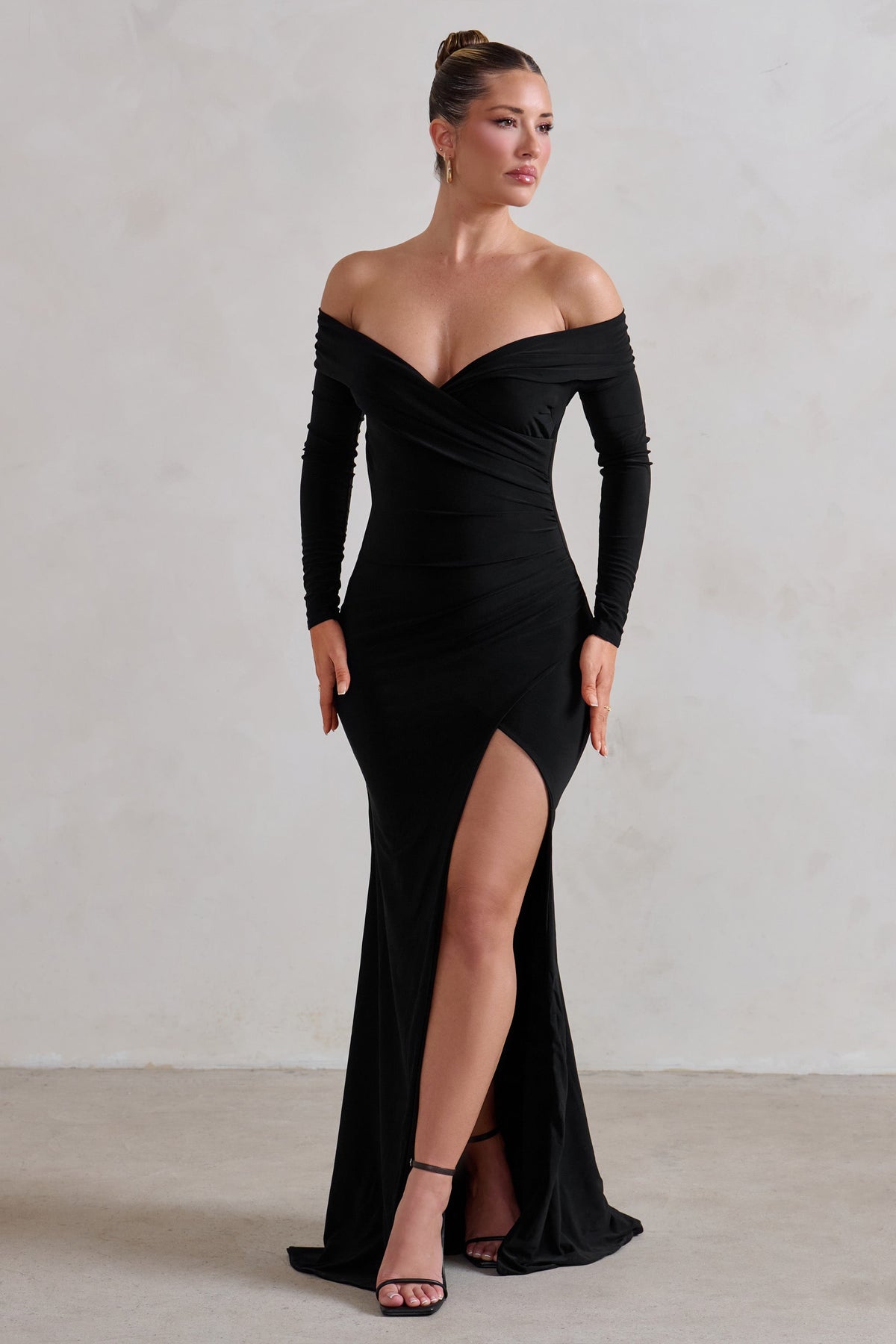 Black Bardot Wrap Ruched Split Maxi Dress