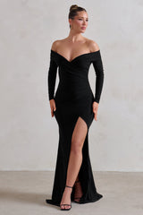 Black Bardot Wrap Ruched Split Maxi Dress