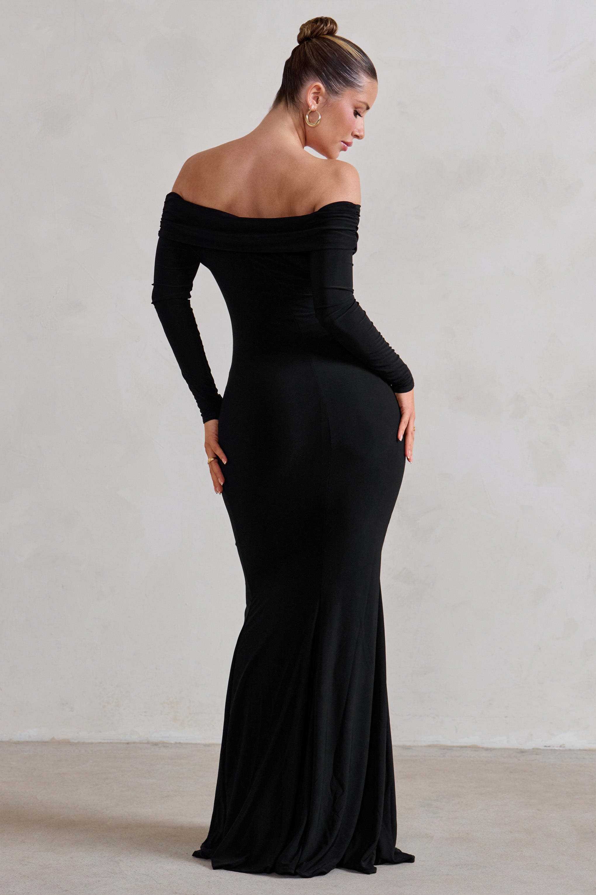 Black Bardot Wrap Ruched Split Maxi Dress