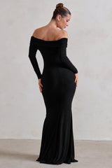 Black Bardot Wrap Ruched Split Maxi Dress