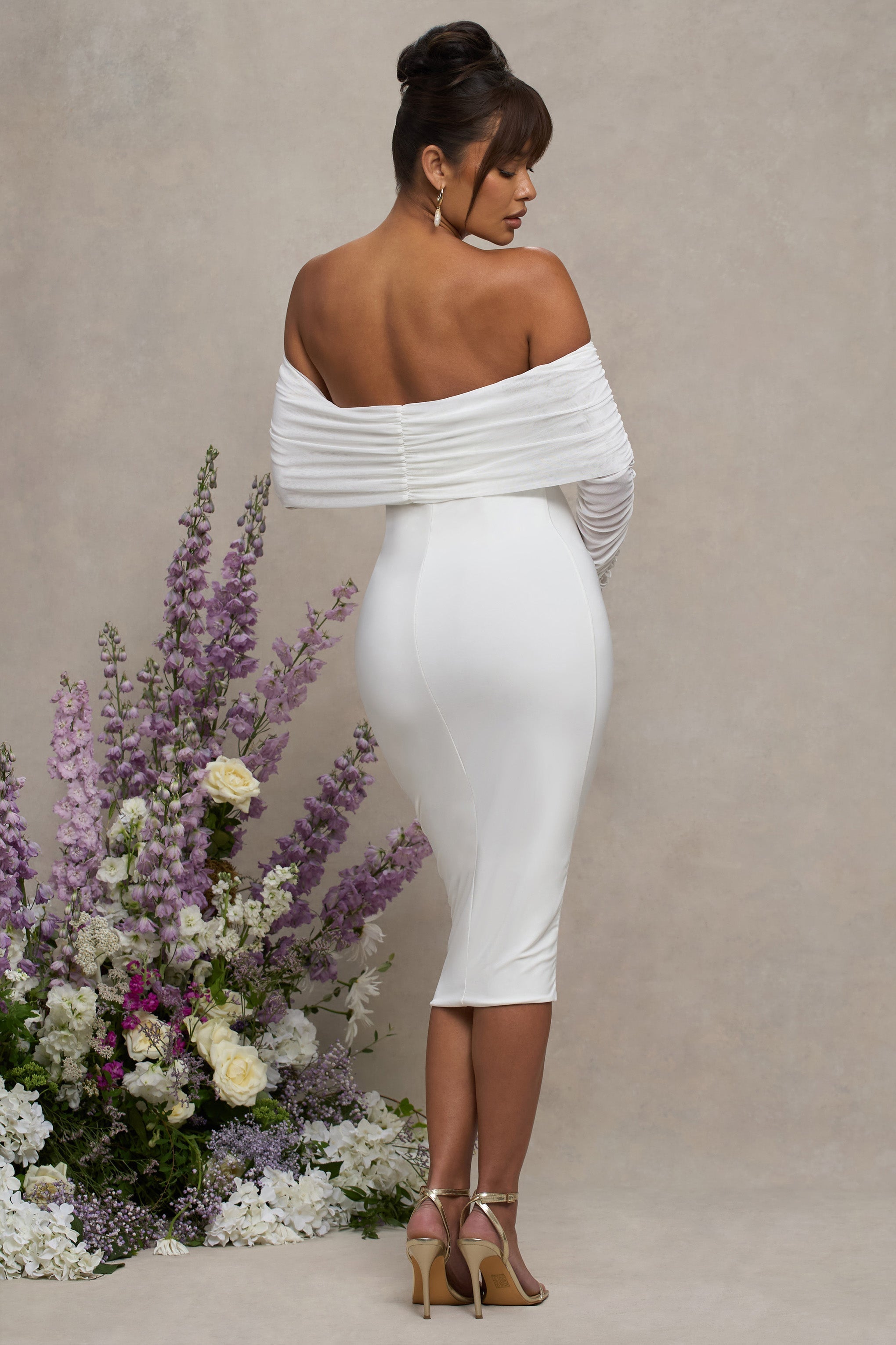 White Maternity Ruched Mesh Bardot Midi Dress