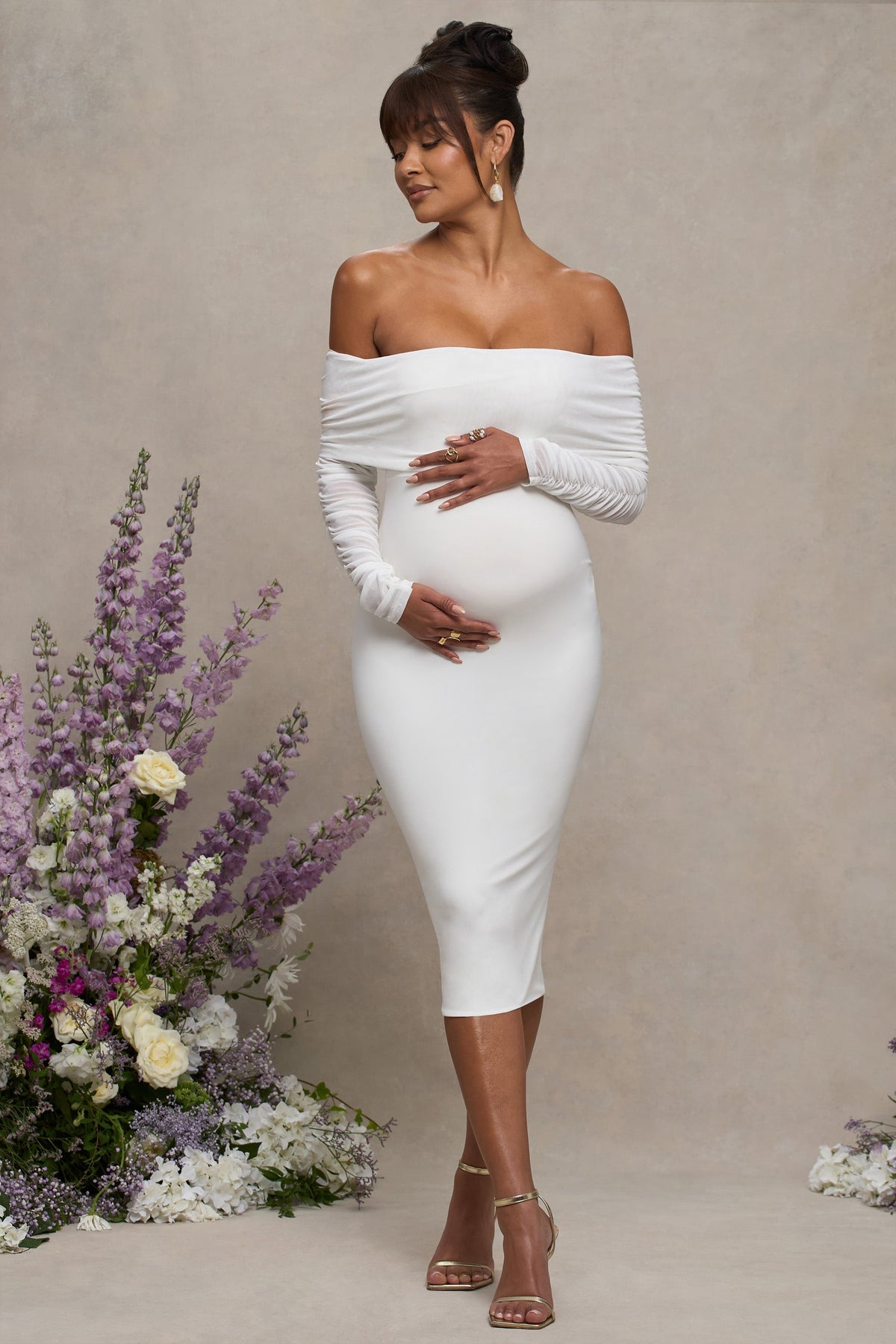 White Maternity Ruched Mesh Bardot Midi Dress