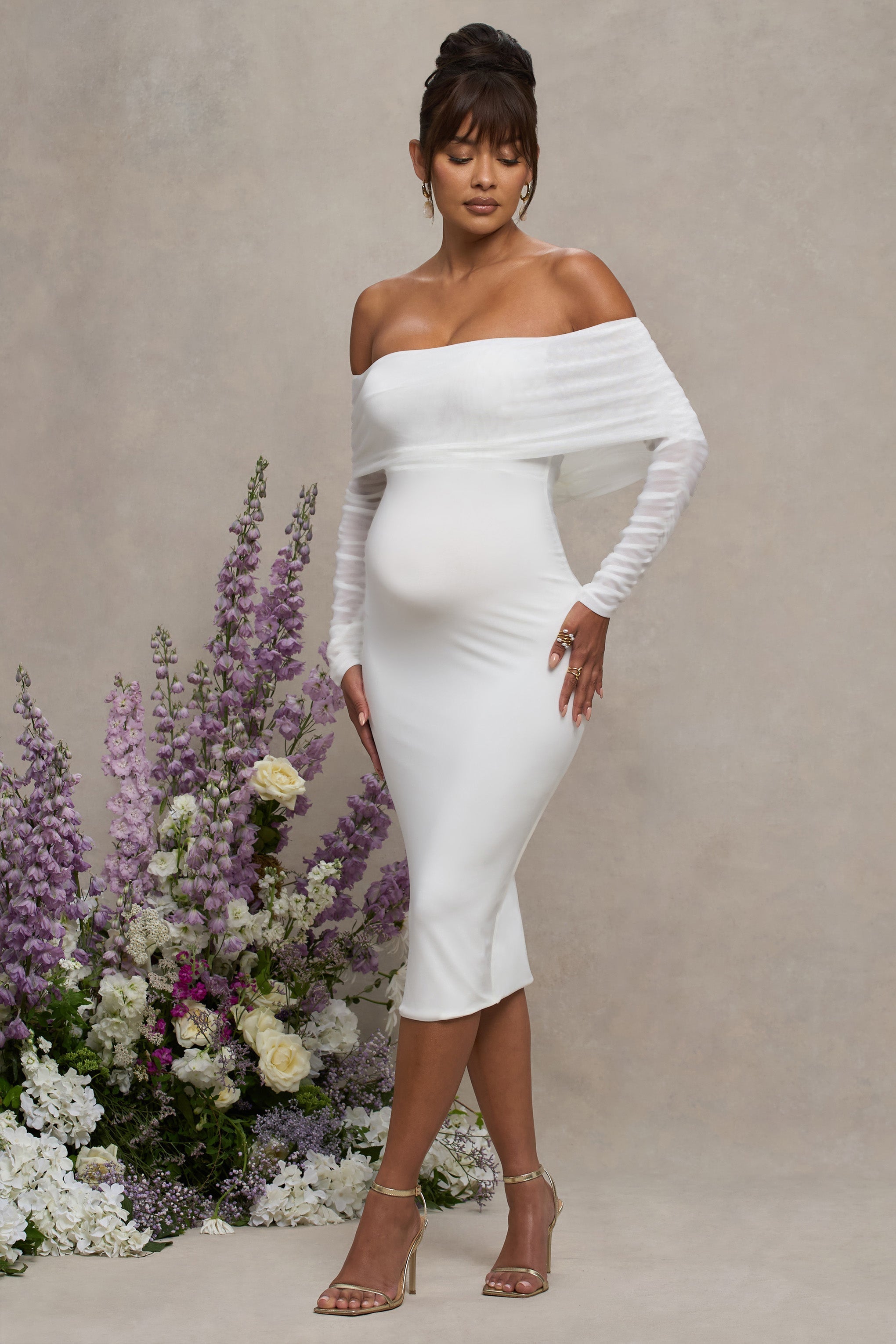 White Maternity Ruched Mesh Bardot Midi Dress