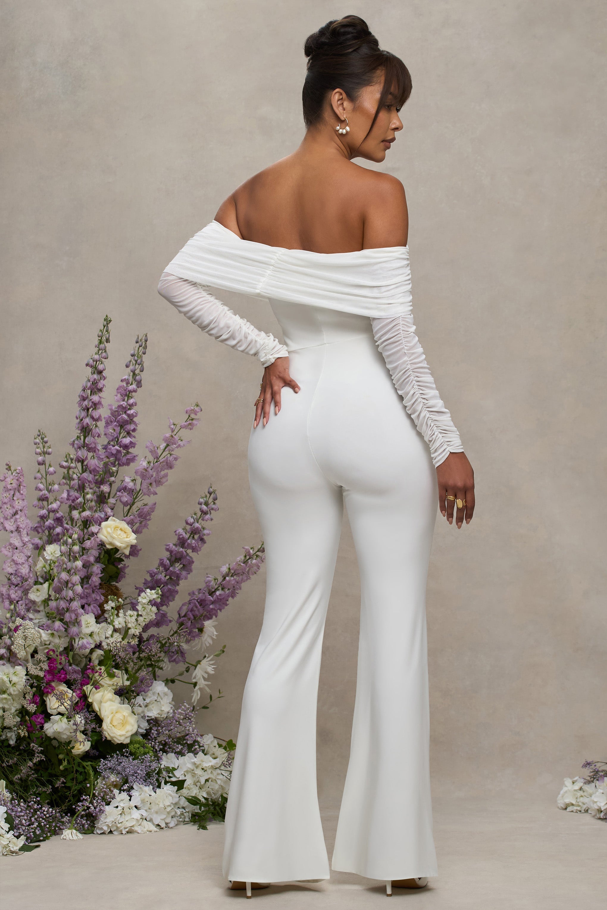 White Maternity Ruched Mesh Bardot Jumpsuit