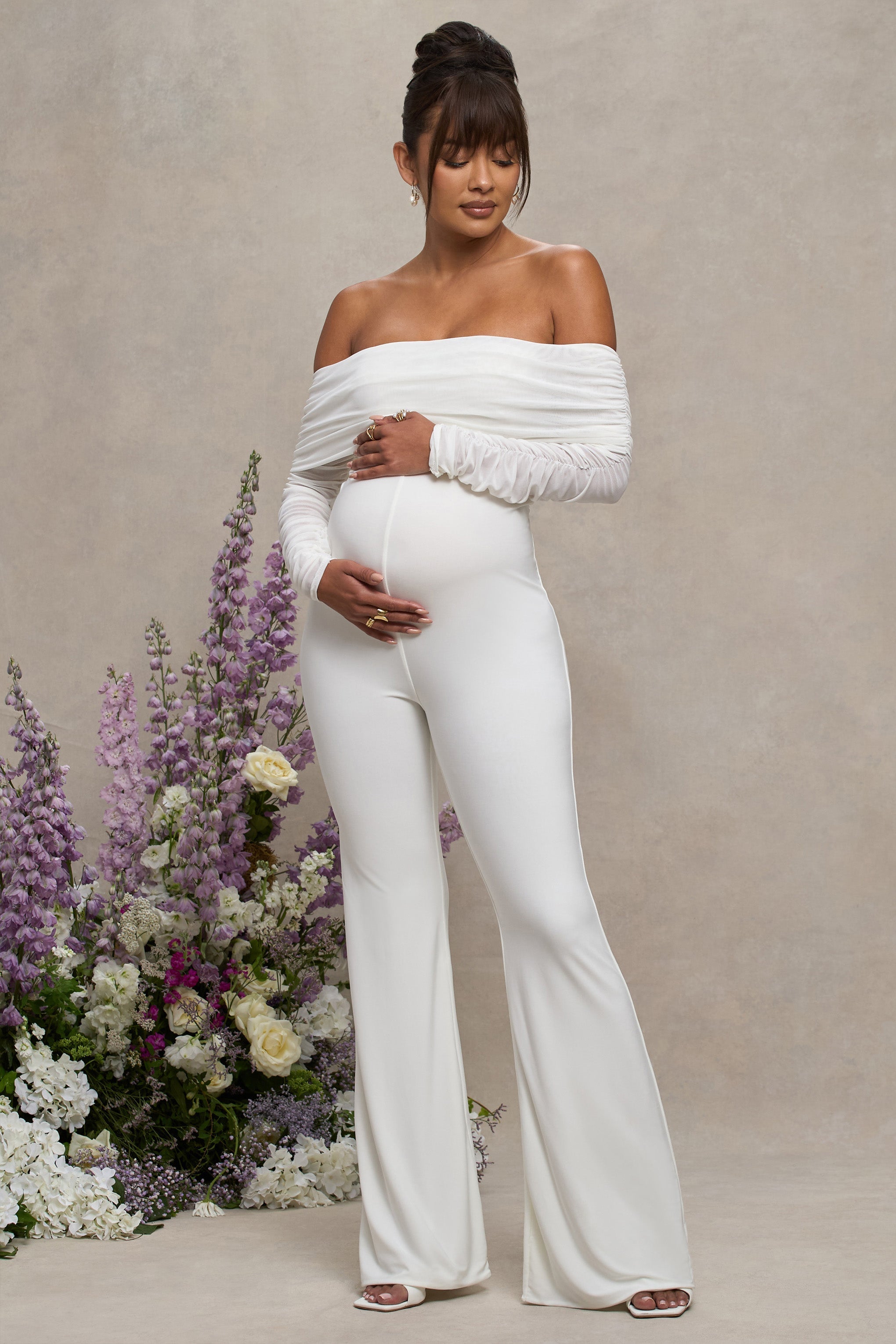 White Maternity Ruched Mesh Bardot Jumpsuit