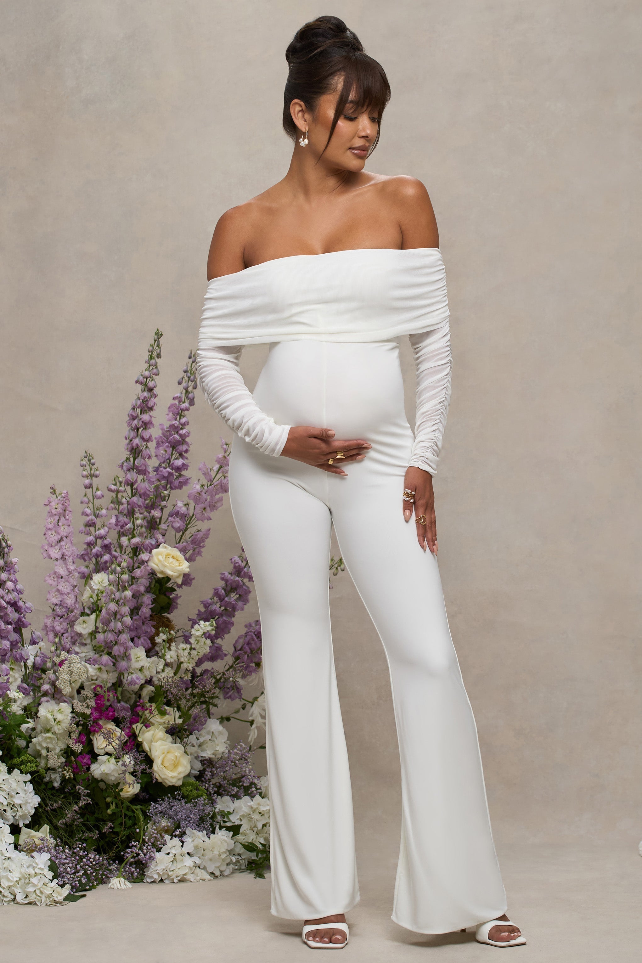White Maternity Ruched Mesh Bardot Jumpsuit