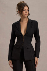 Black Plunge Corset Waist Blazer