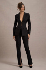 Black High Waist Tailored Trousers With Hem Split