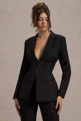 Black Plunge Corset Waist Blazer