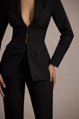 Black Plunge Corset Waist Blazer