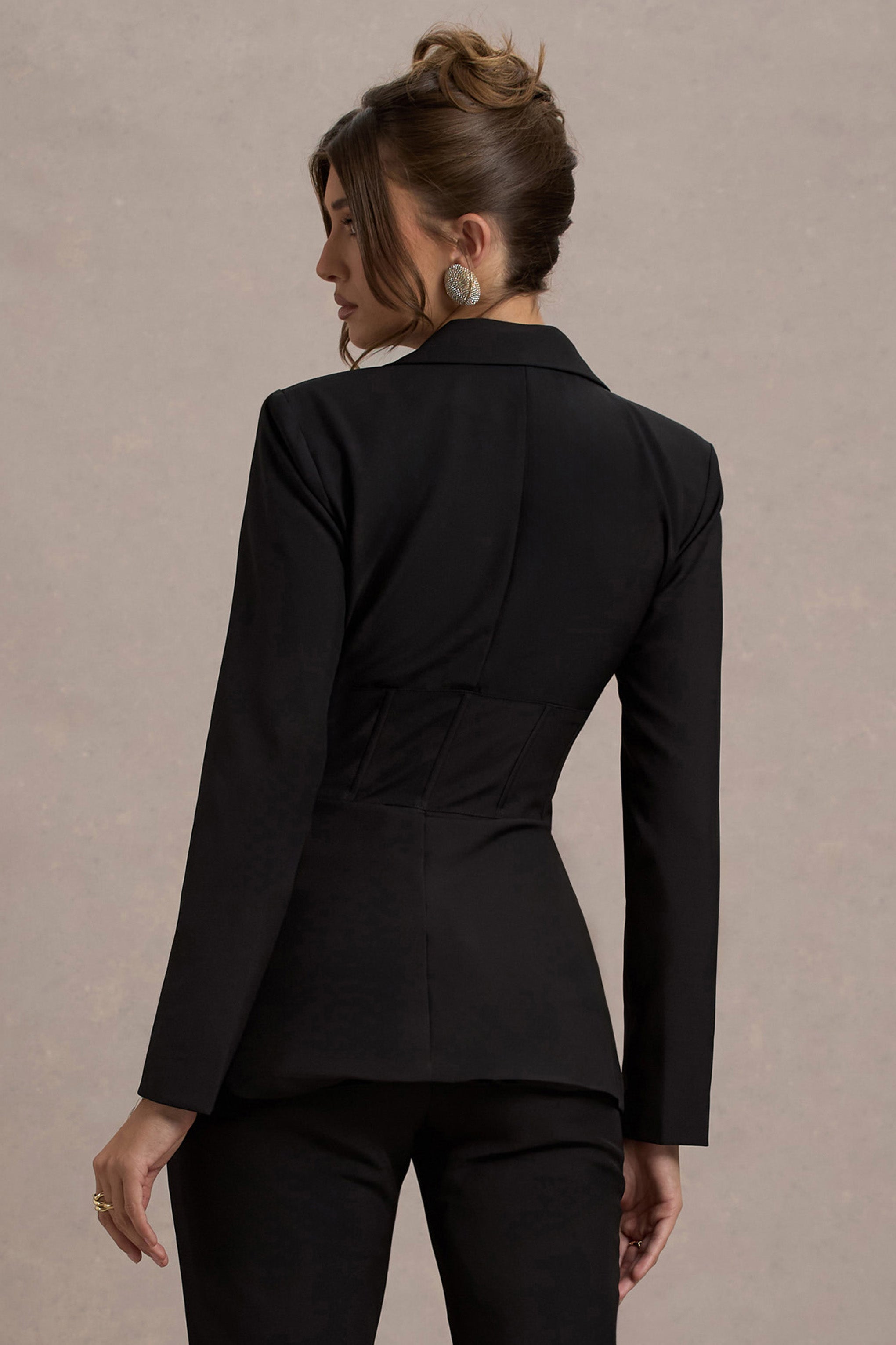 Black Plunge Corset Waist Blazer