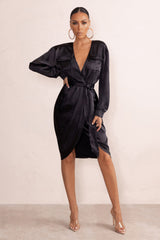 Black Satin Plunge Neck Midi Dress With Belt Detail
