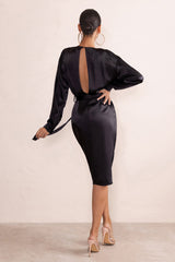 Black Satin Plunge Neck Midi Dress With Belt Detail