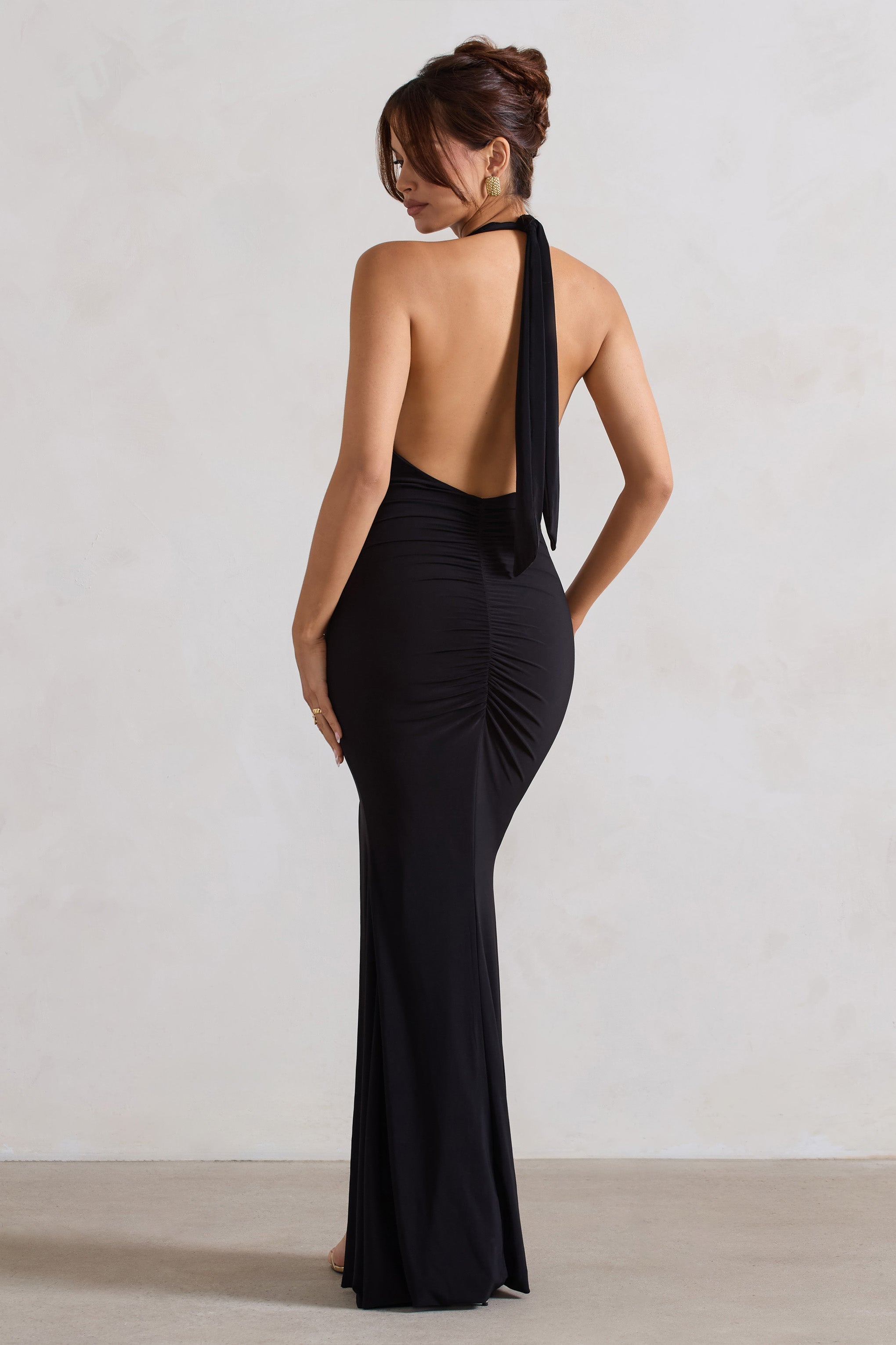 Black Backless V Plunge Halter Neck Maxi Dress With Side Split
