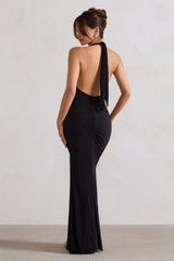Black Backless V Plunge Halter Neck Maxi Dress With Side Split