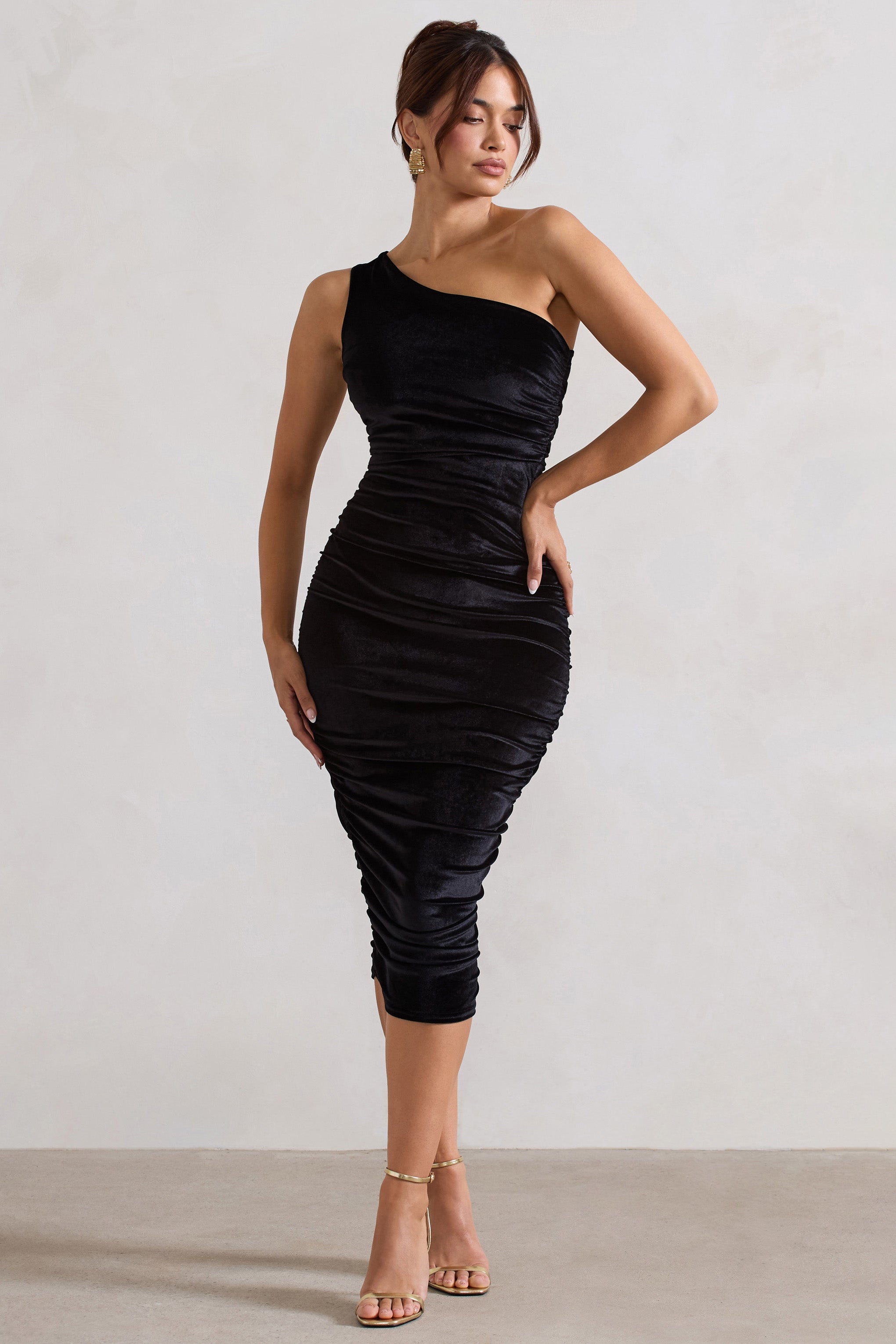 Black Velvet One Shoulder Ruched Midi Dress